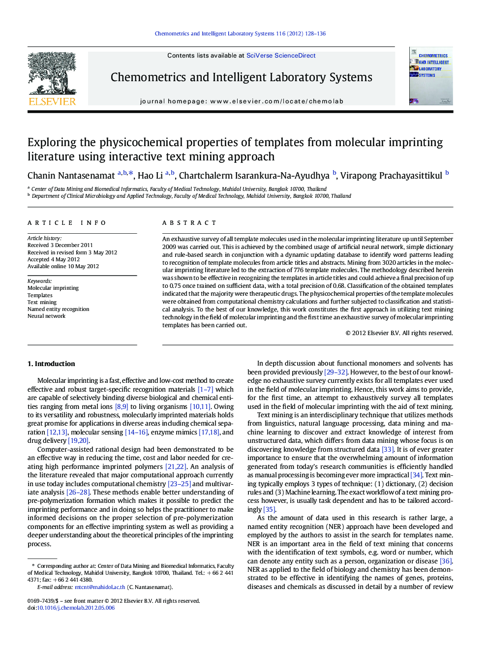 Exploring the physicochemical properties of templates from molecular imprinting literature using interactive text mining approach