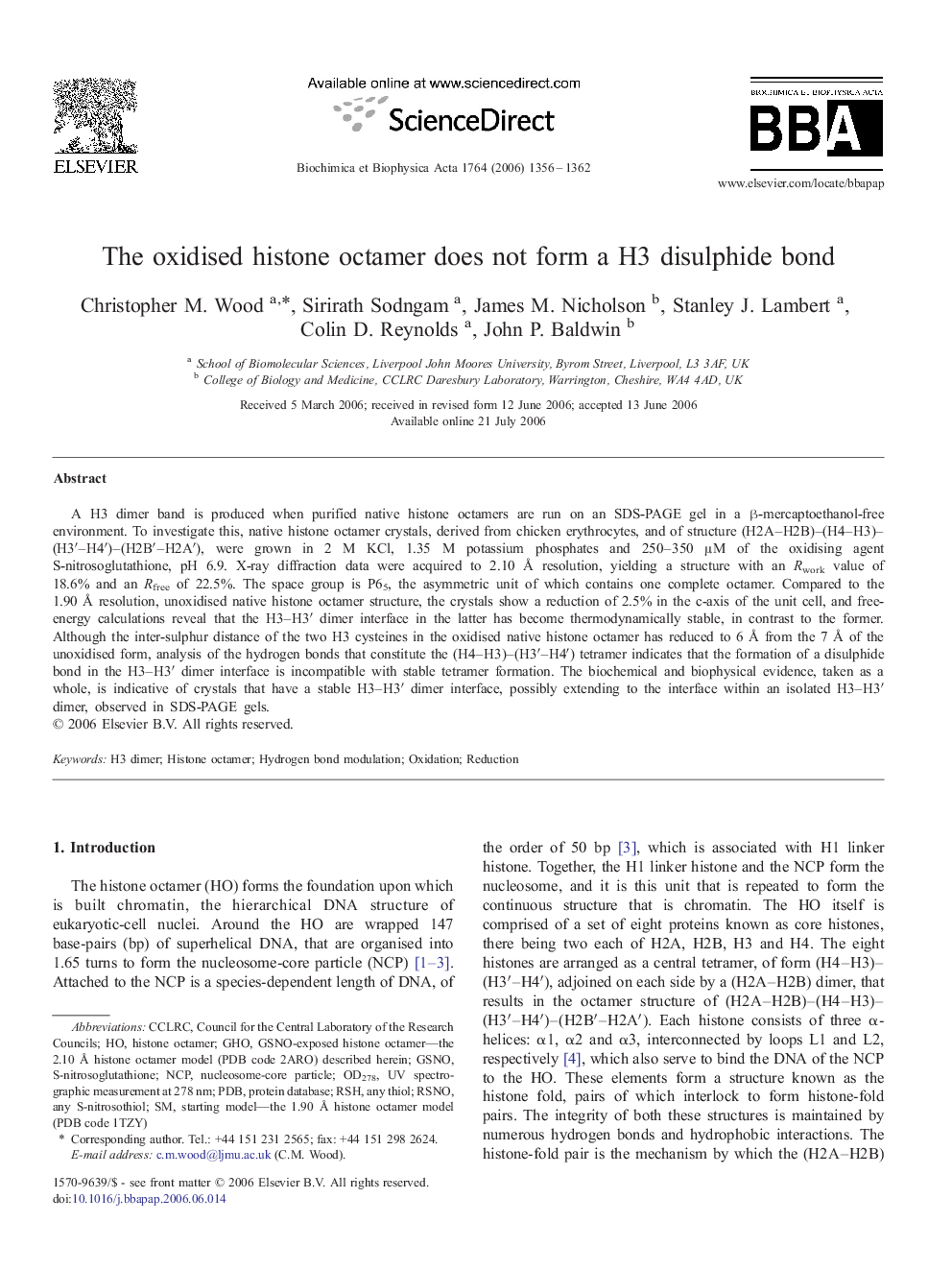 The oxidised histone octamer does not form a H3 disulphide bond