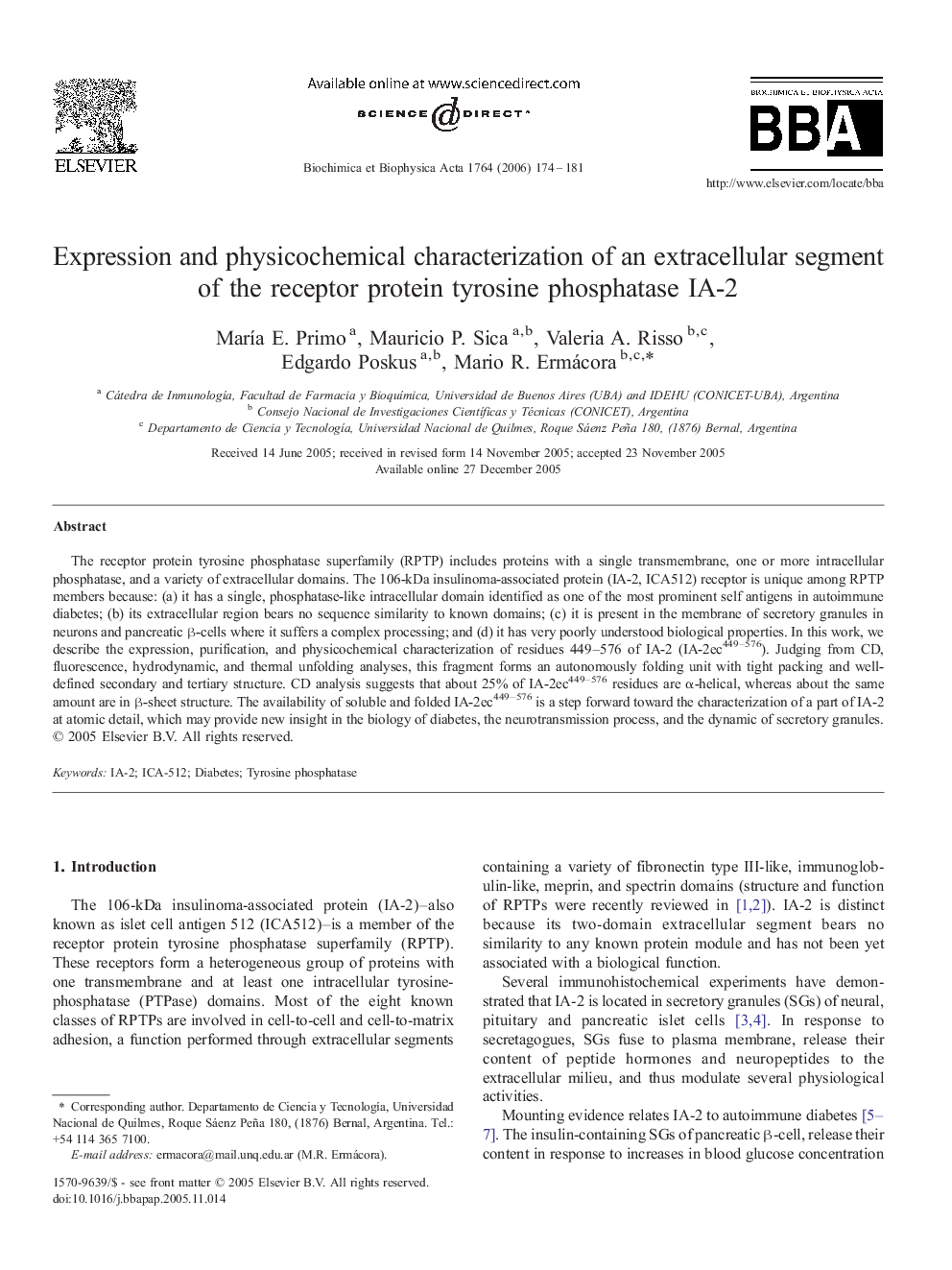 Expression and physicochemical characterization of an extracellular segment of the receptor protein tyrosine phosphatase IA-2