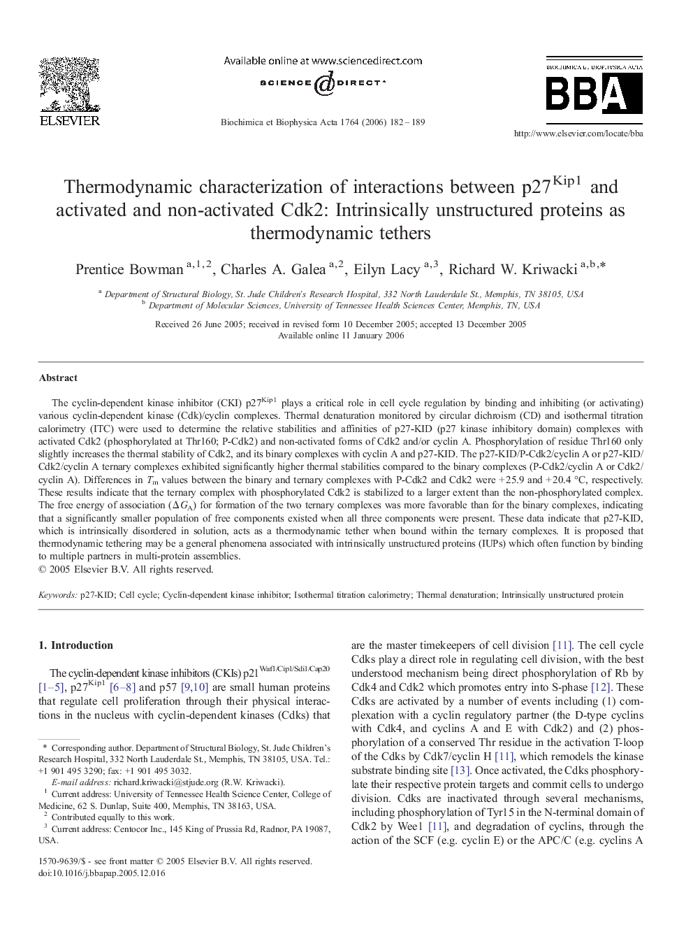 Thermodynamic characterization of interactions between p27Kip1 and activated and non-activated Cdk2: Intrinsically unstructured proteins as thermodynamic tethers