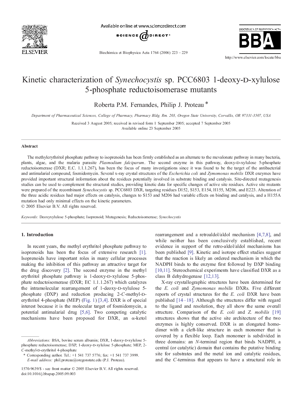 Kinetic characterization of Synechocystis sp. PCC6803 1-deoxy-d-xylulose 5-phosphate reductoisomerase mutants