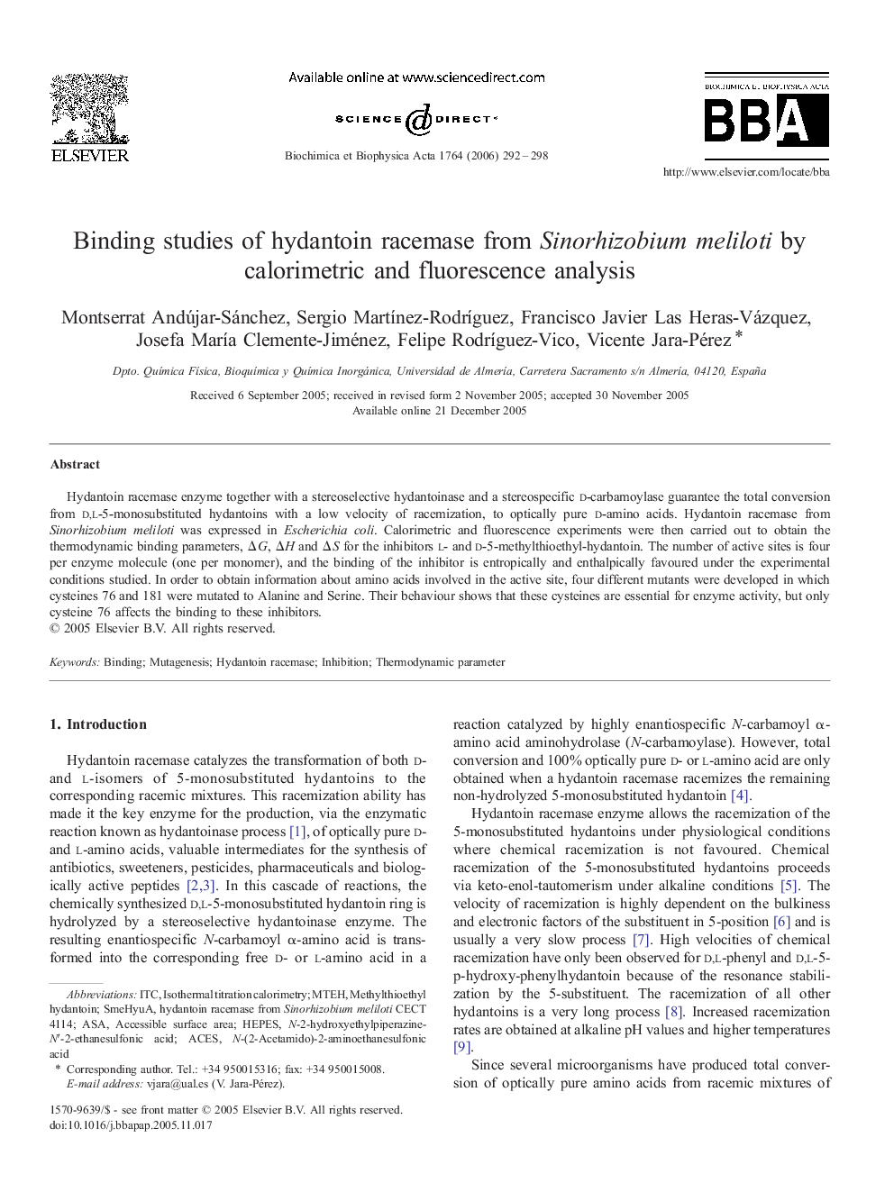 Binding studies of hydantoin racemase from Sinorhizobium meliloti by calorimetric and fluorescence analysis