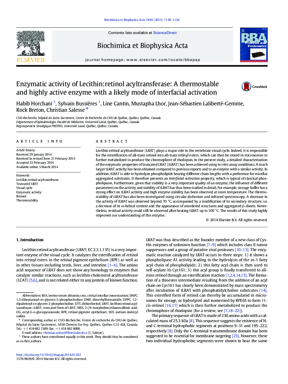 Enzymatic activity of Lecithin:retinol acyltransferase: A thermostable and highly active enzyme with a likely mode of interfacial activation