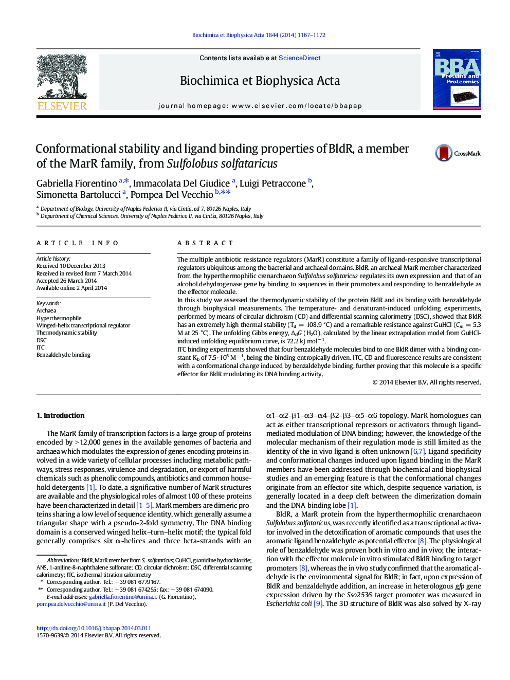 Conformational stability and ligand binding properties of BldR, a member of the MarR family, from Sulfolobus solfataricus