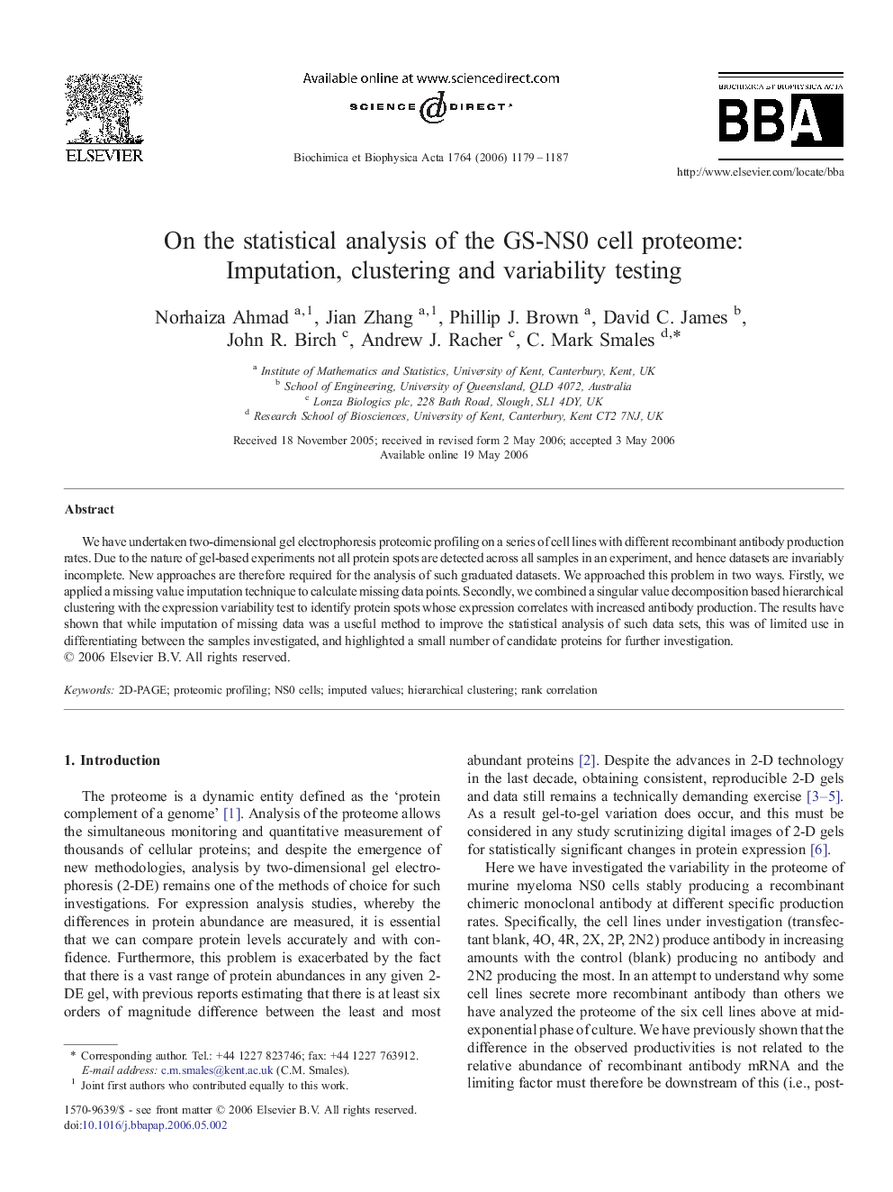 On the statistical analysis of the GS-NS0 cell proteome: Imputation, clustering and variability testing