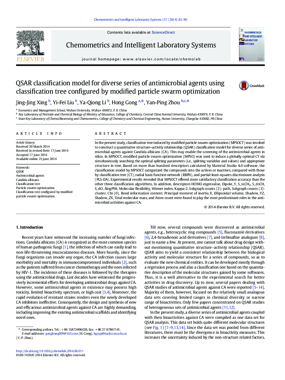 QSAR classification model for diverse series of antimicrobial agents using classification tree configured by modified particle swarm optimization