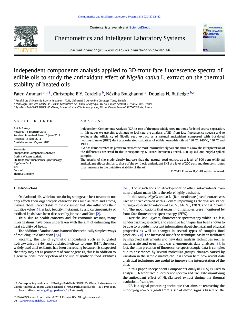 Independent components analysis applied to 3D-front-face fluorescence spectra of edible oils to study the antioxidant effect of Nigella sativa L. extract on the thermal stability of heated oils