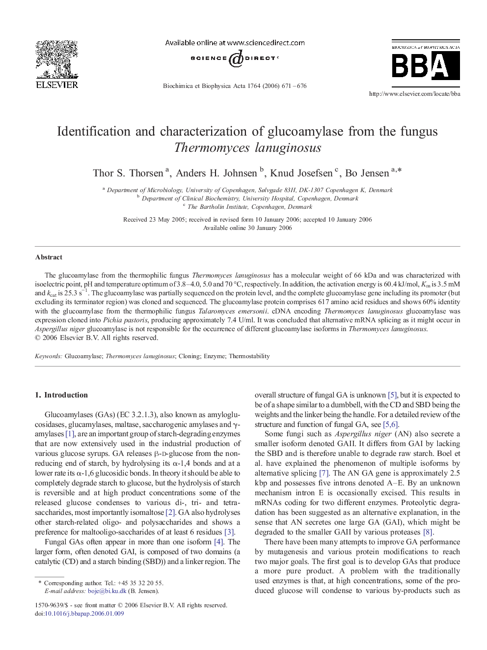 Identification and characterization of glucoamylase from the fungus Thermomyces lanuginosus