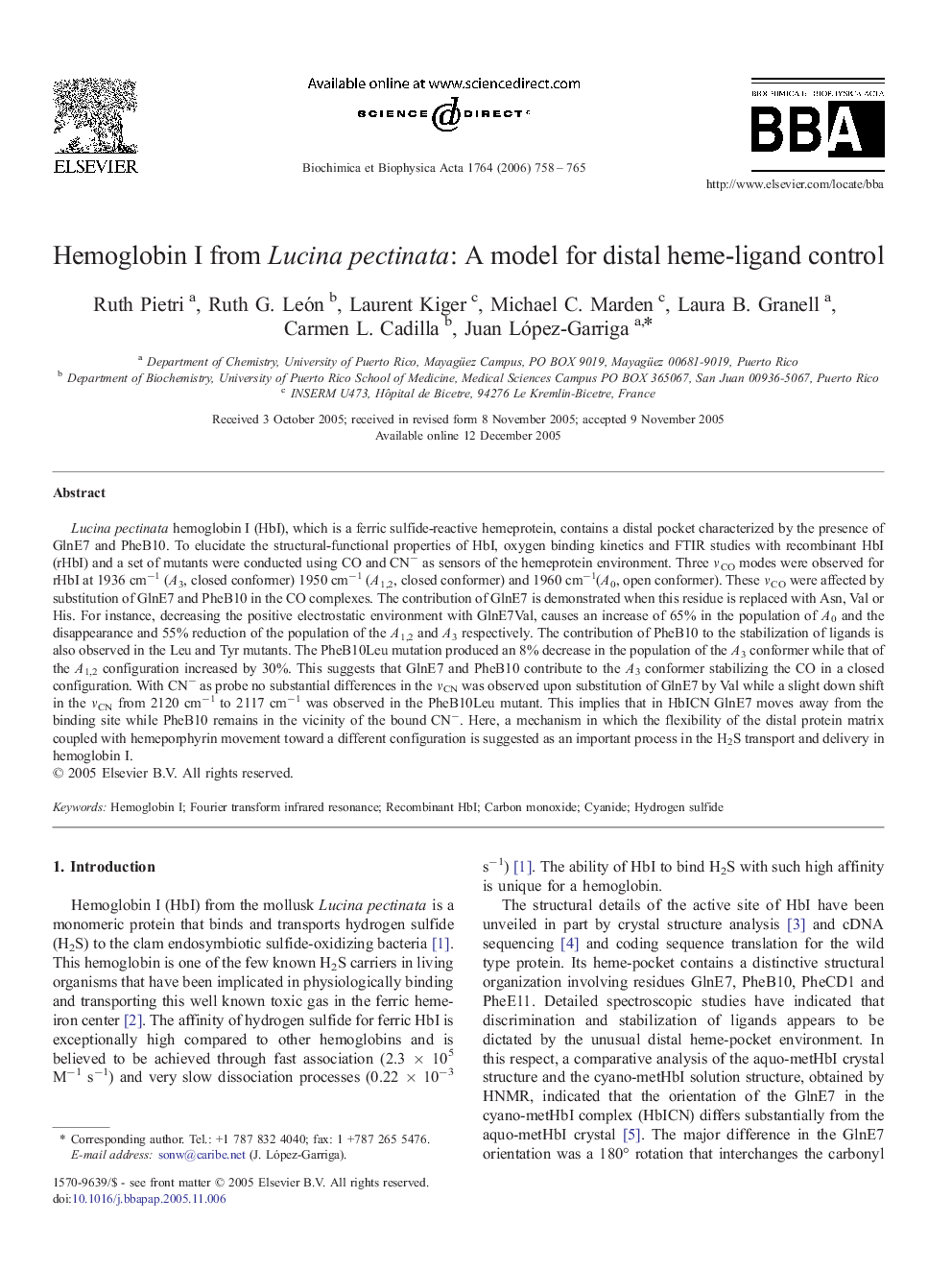 Hemoglobin I from Lucina pectinata: A model for distal heme-ligand control