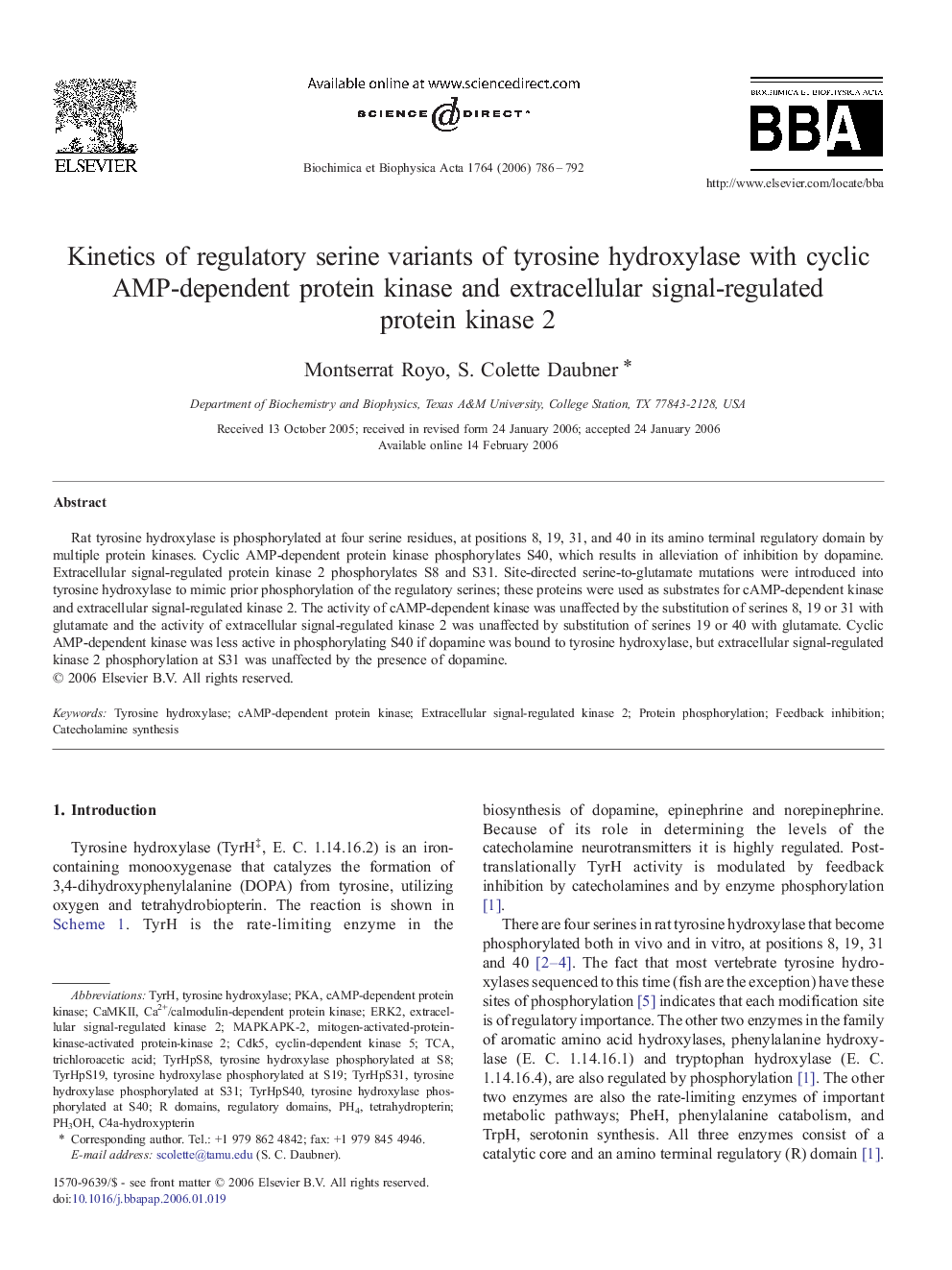 Kinetics of regulatory serine variants of tyrosine hydroxylase with cyclic AMP-dependent protein kinase and extracellular signal-regulated protein kinase 2