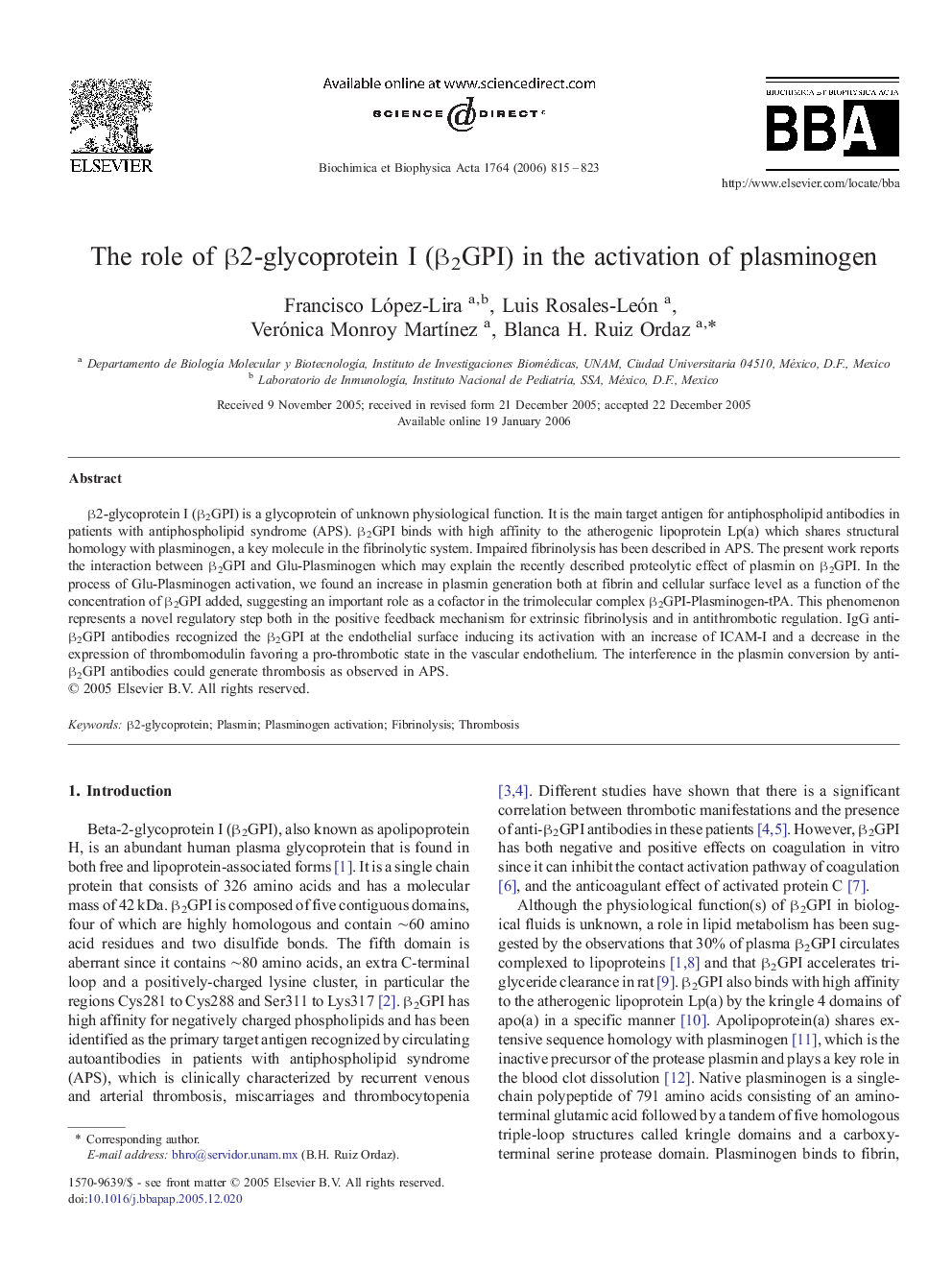 The role of β2-glycoprotein I (β2GPI) in the activation of plasminogen