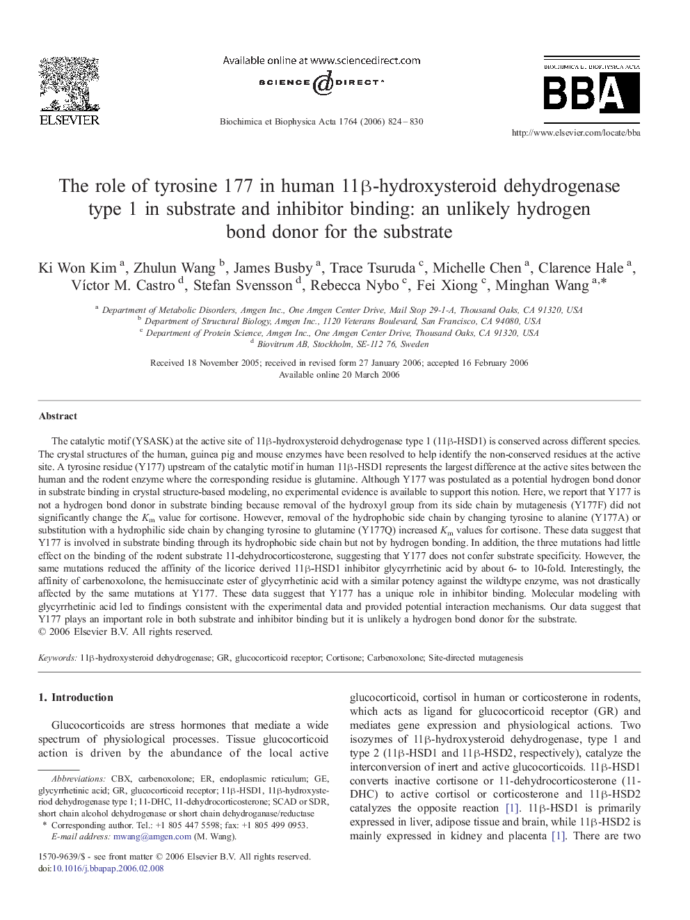 The role of tyrosine 177 in human 11β-hydroxysteroid dehydrogenase type 1 in substrate and inhibitor binding: an unlikely hydrogen bond donor for the substrate