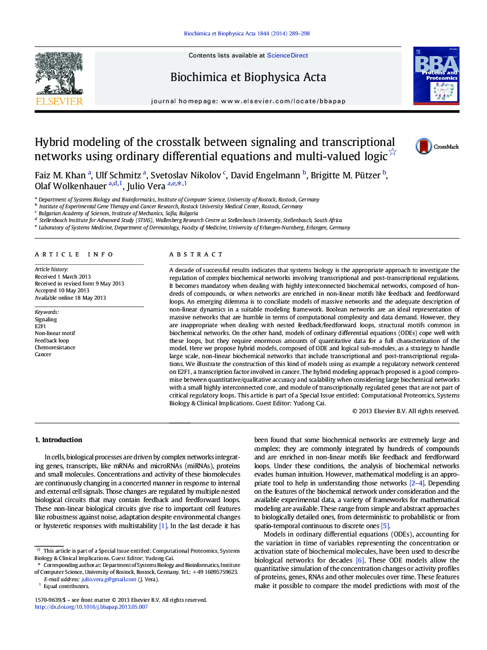 Hybrid modeling of the crosstalk between signaling and transcriptional networks using ordinary differential equations and multi-valued logic 