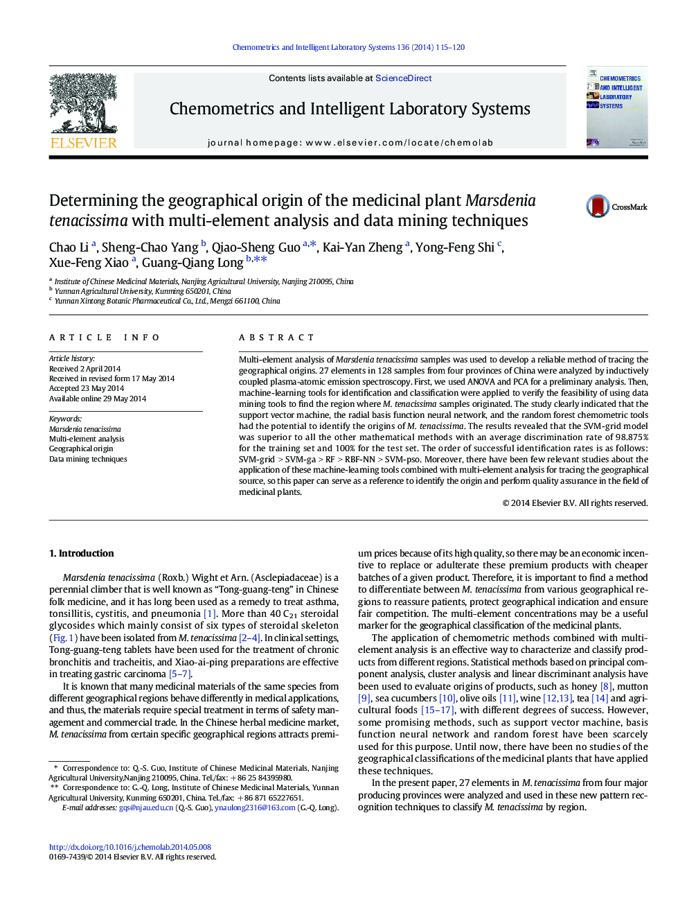 Determining the geographical origin of the medicinal plant Marsdenia tenacissima with multi-element analysis and data mining techniques