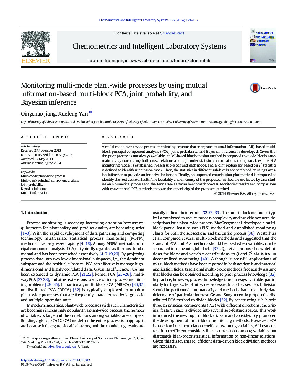 Monitoring multi-mode plant-wide processes by using mutual information-based multi-block PCA, joint probability, and Bayesian inference