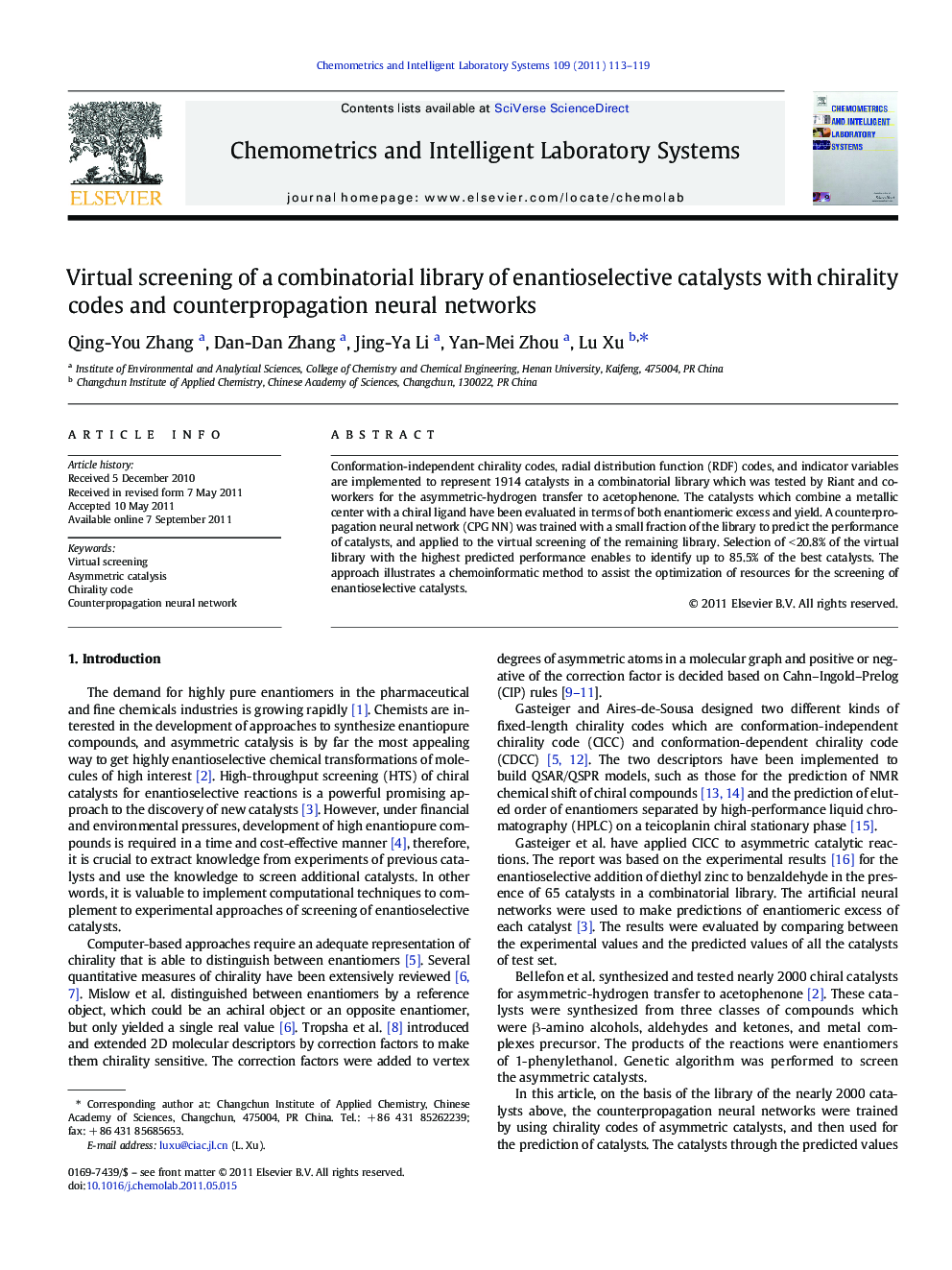 Virtual screening of a combinatorial library of enantioselective catalysts with chirality codes and counterpropagation neural networks