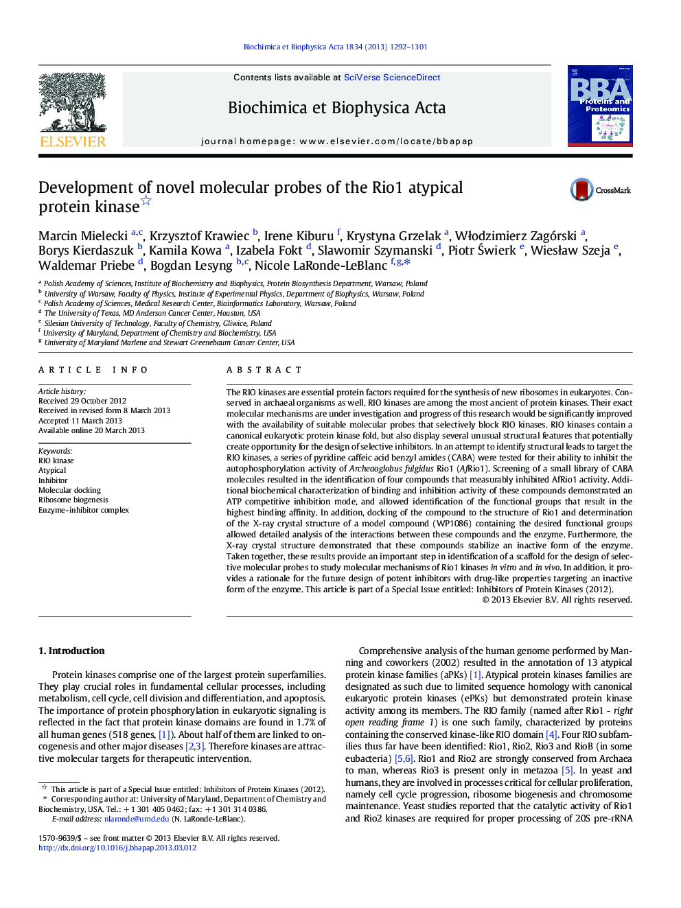 Development of novel molecular probes of the Rio1 atypical protein kinase 