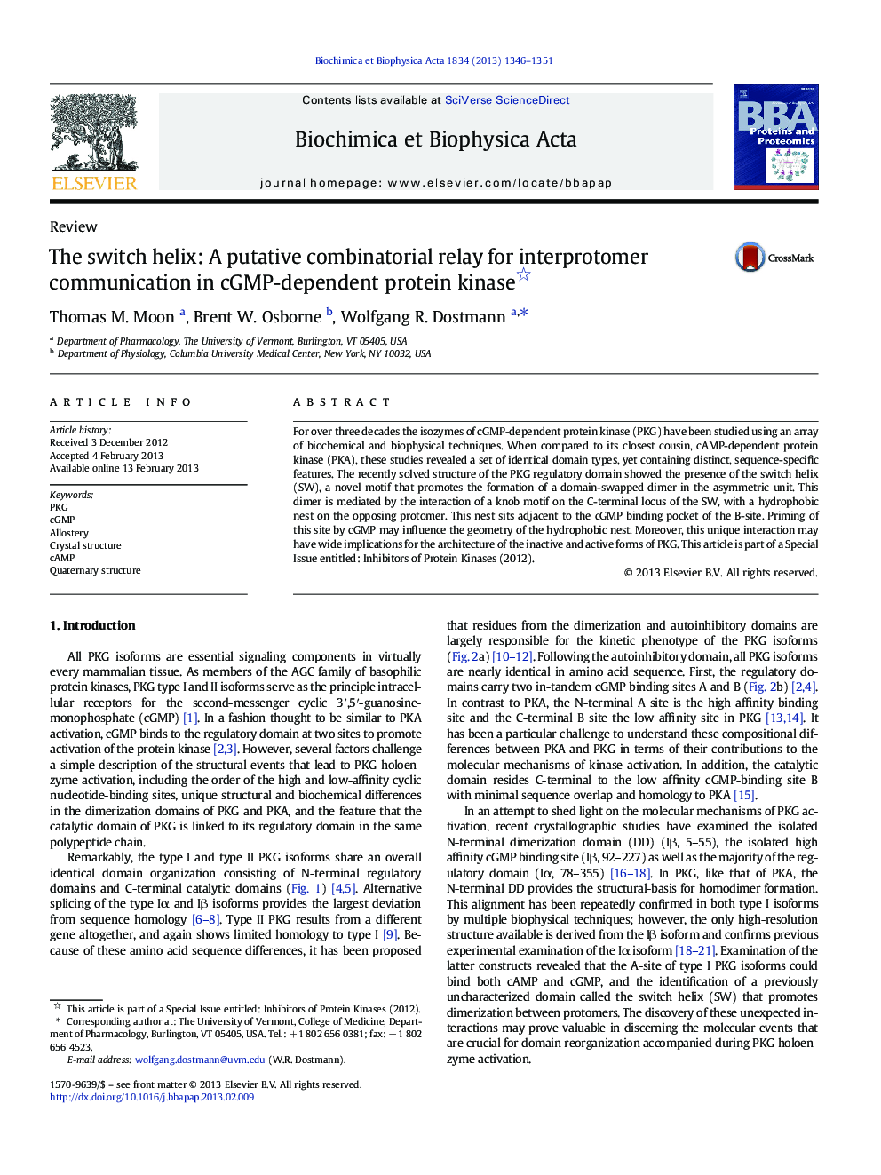 The switch helix: A putative combinatorial relay for interprotomer communication in cGMP-dependent protein kinase 