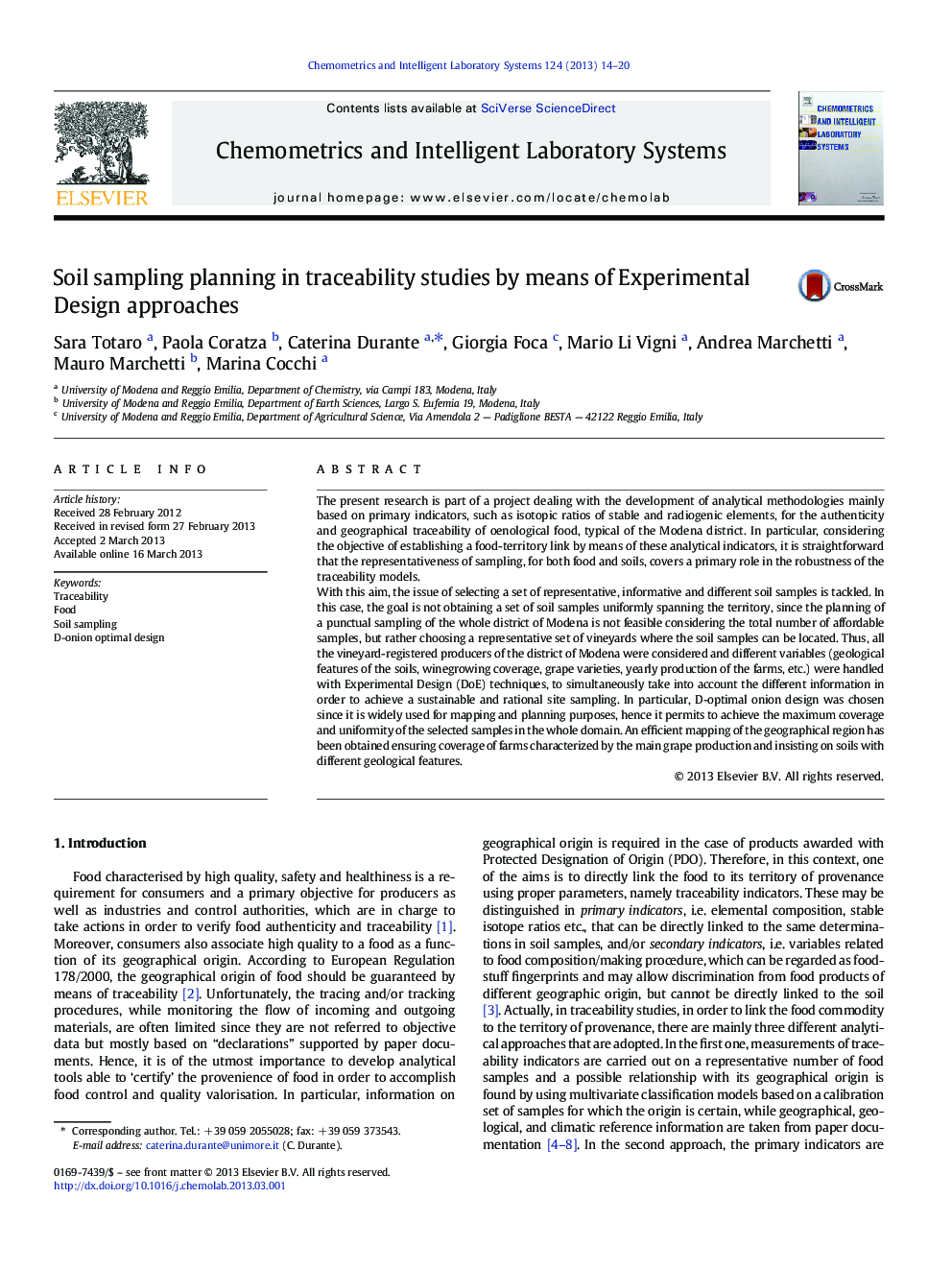 Soil sampling planning in traceability studies by means of Experimental Design approaches