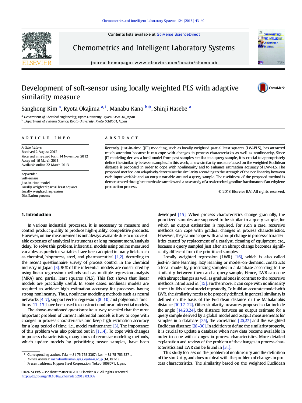 Development of soft-sensor using locally weighted PLS with adaptive similarity measure