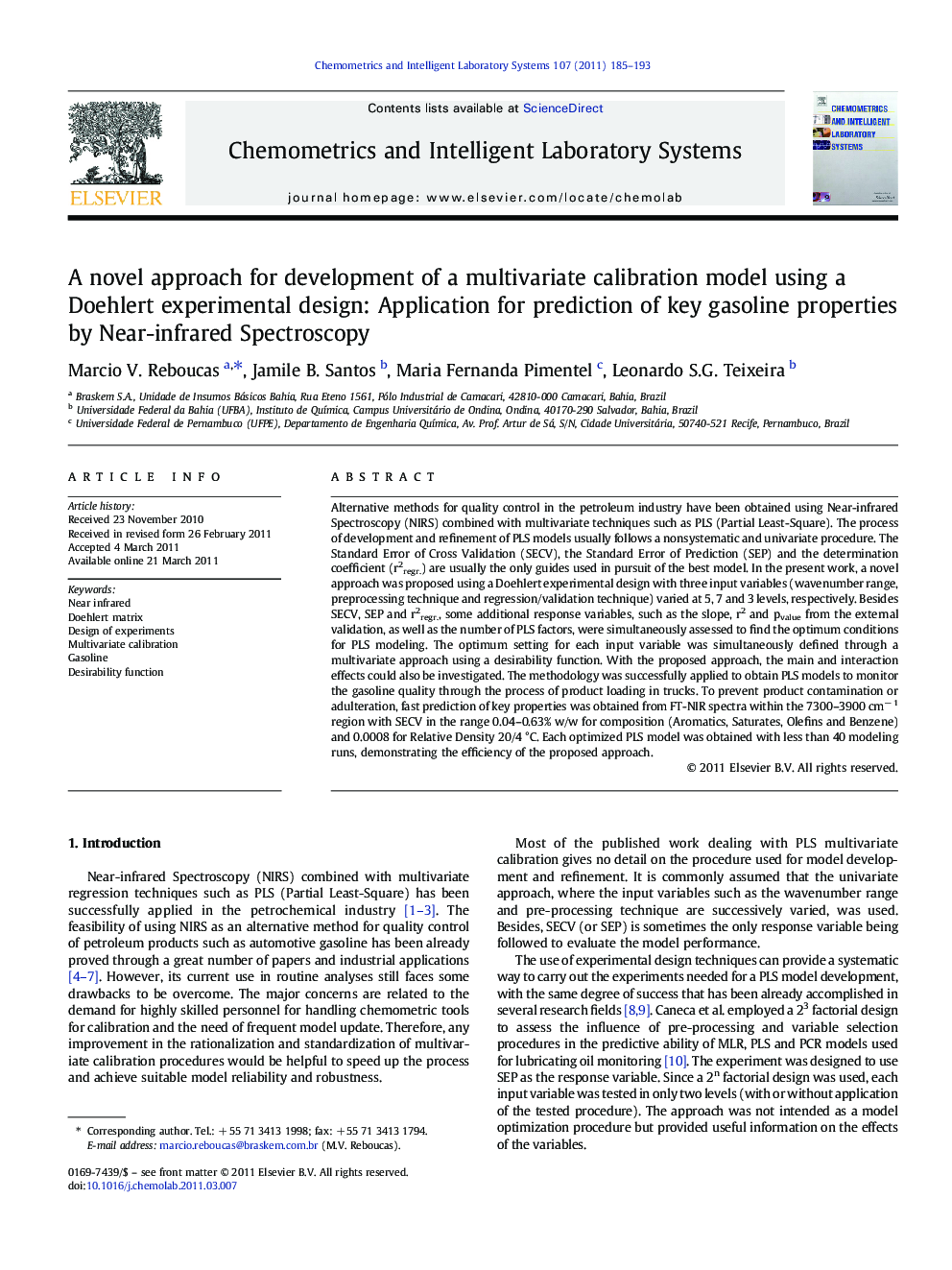 A novel approach for development of a multivariate calibration model using a Doehlert experimental design: Application for prediction of key gasoline properties by Near-infrared Spectroscopy