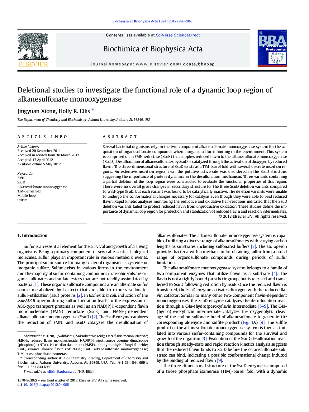 Deletional studies to investigate the functional role of a dynamic loop region of alkanesulfonate monooxygenase