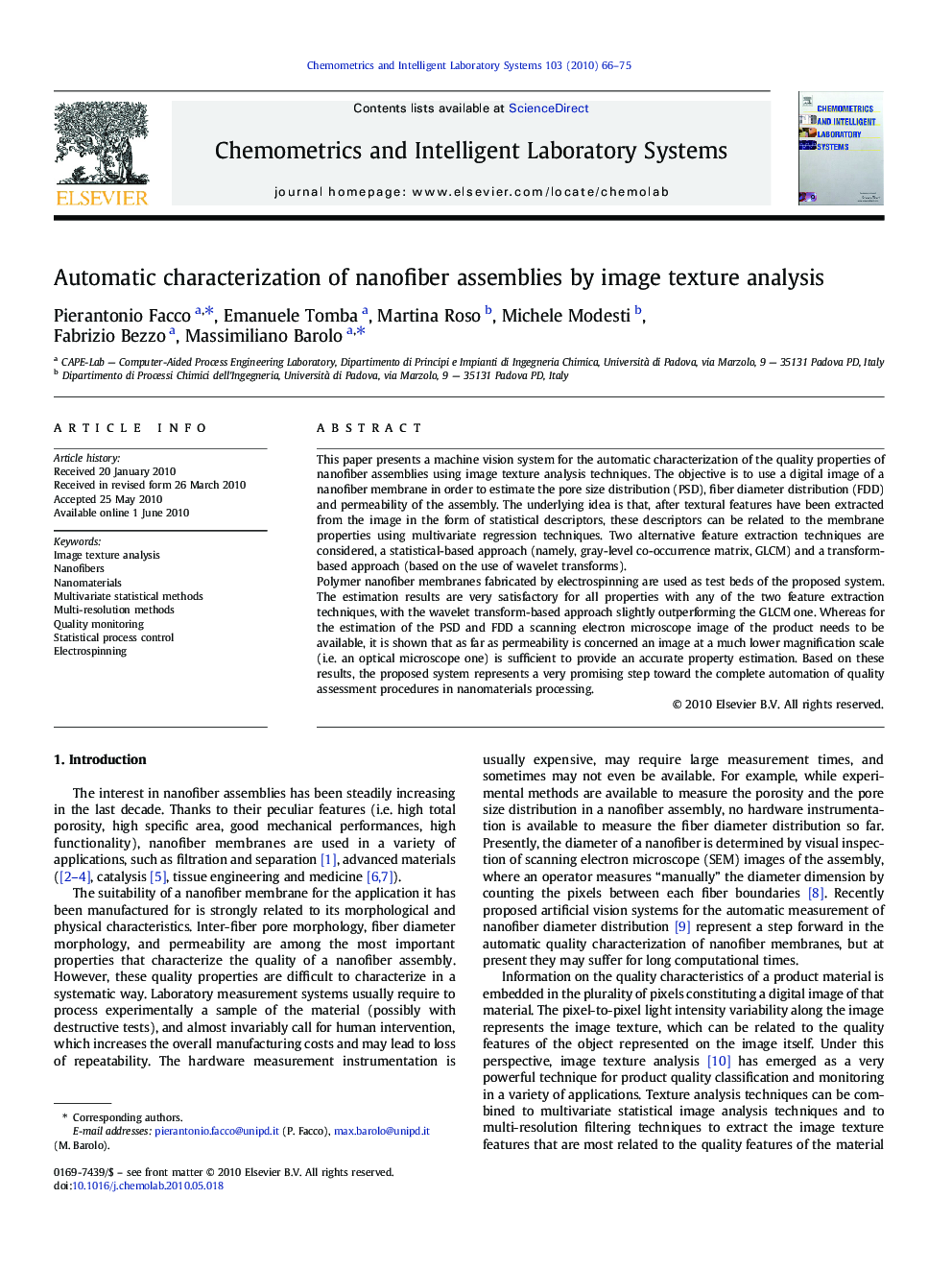 Automatic characterization of nanofiber assemblies by image texture analysis