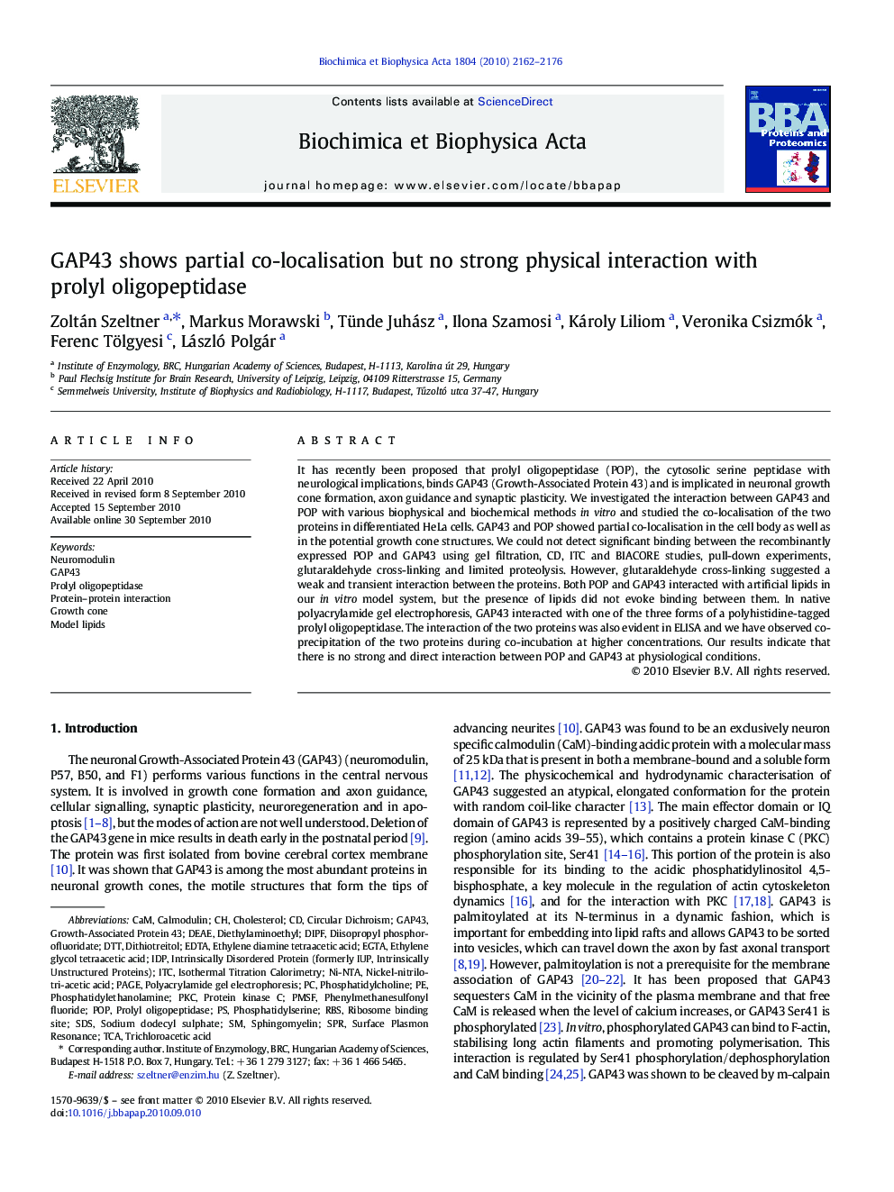 GAP43 shows partial co-localisation but no strong physical interaction with prolyl oligopeptidase