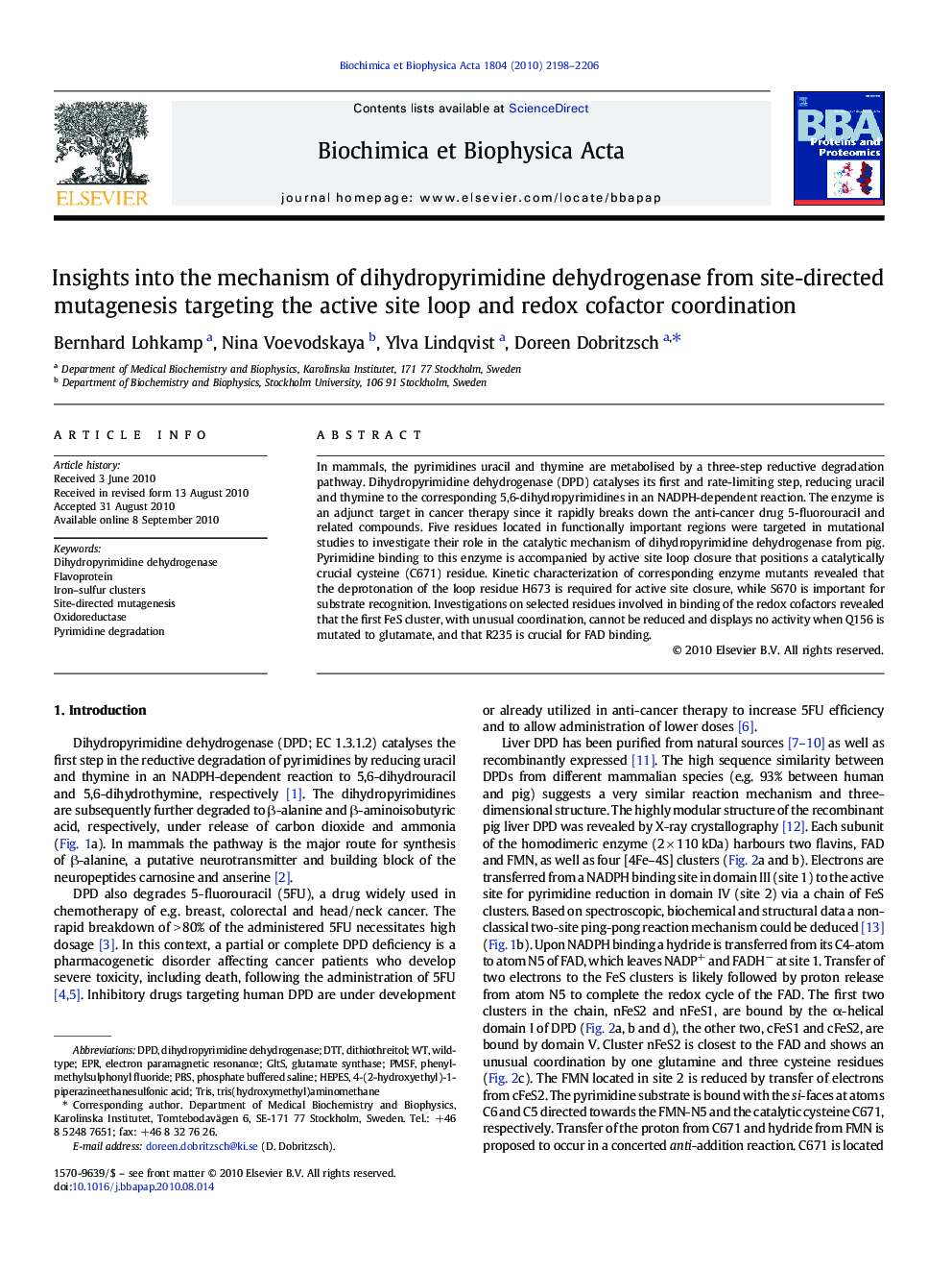 Insights into the mechanism of dihydropyrimidine dehydrogenase from site-directed mutagenesis targeting the active site loop and redox cofactor coordination