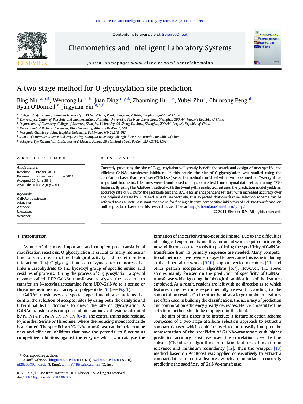 A two-stage method for O-glycosylation site prediction