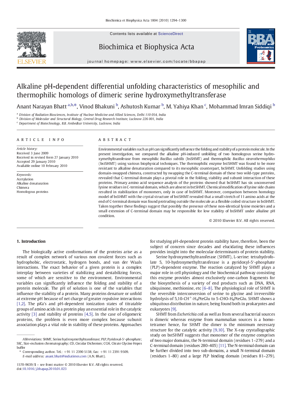 Alkaline pH-dependent differential unfolding characteristics of mesophilic and thermophilic homologs of dimeric serine hydroxymethyltransferase