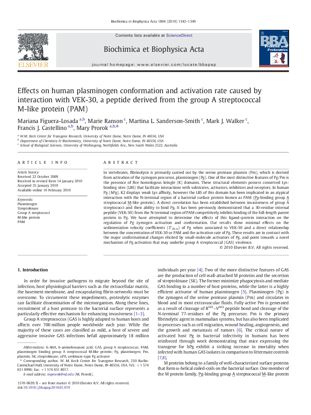 Effects on human plasminogen conformation and activation rate caused by interaction with VEK-30, a peptide derived from the group A streptococcal M-like protein (PAM)