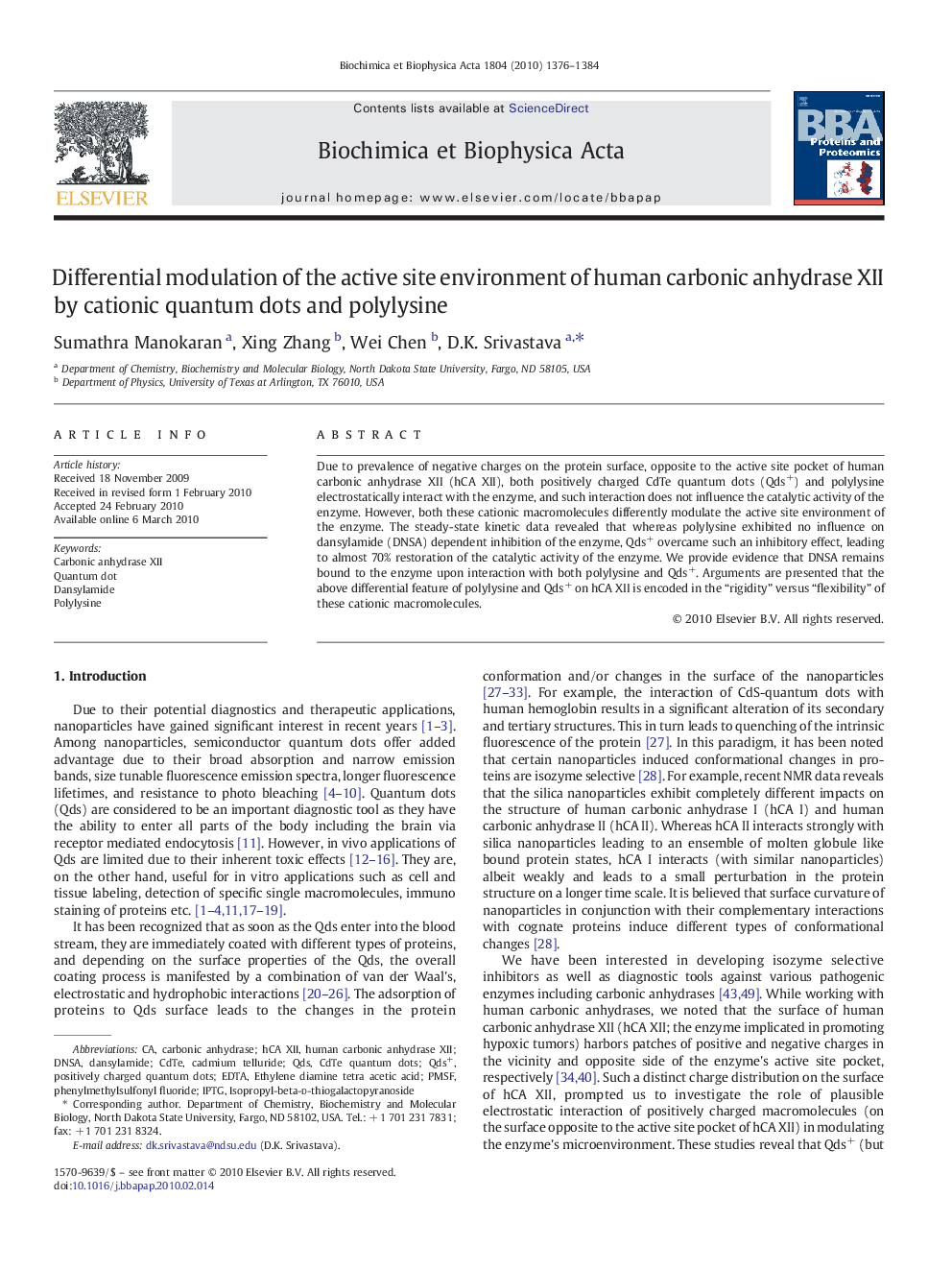 Differential modulation of the active site environment of human carbonic anhydrase XII by cationic quantum dots and polylysine