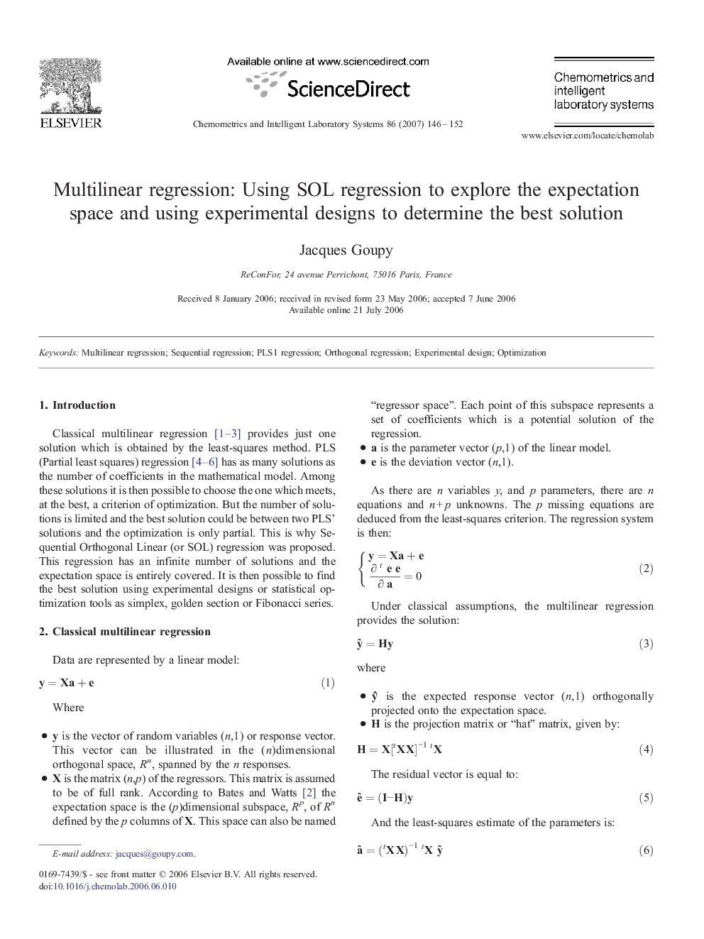 Multilinear regression: Using SOL regression to explore the expectation space and using experimental designs to determine the best solution