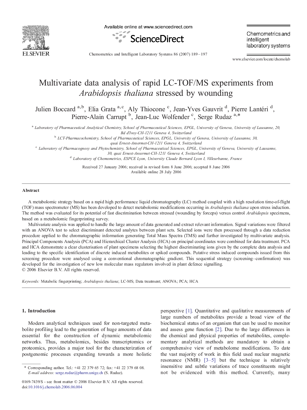 Multivariate data analysis of rapid LC-TOF/MS experiments from Arabidopsis thaliana stressed by wounding