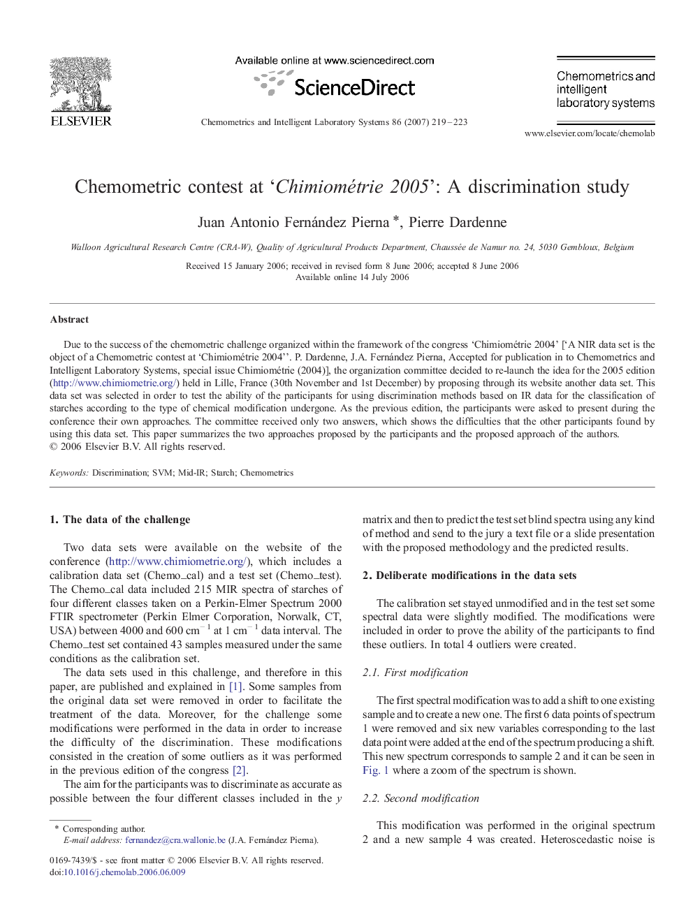 Chemometric contest at ‘Chimiométrie 2005’: A discrimination study