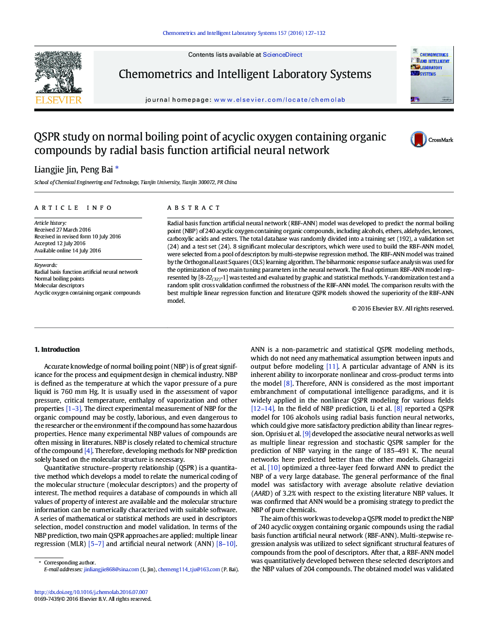 QSPR study on normal boiling point of acyclic oxygen containing organic compounds by radial basis function artificial neural network