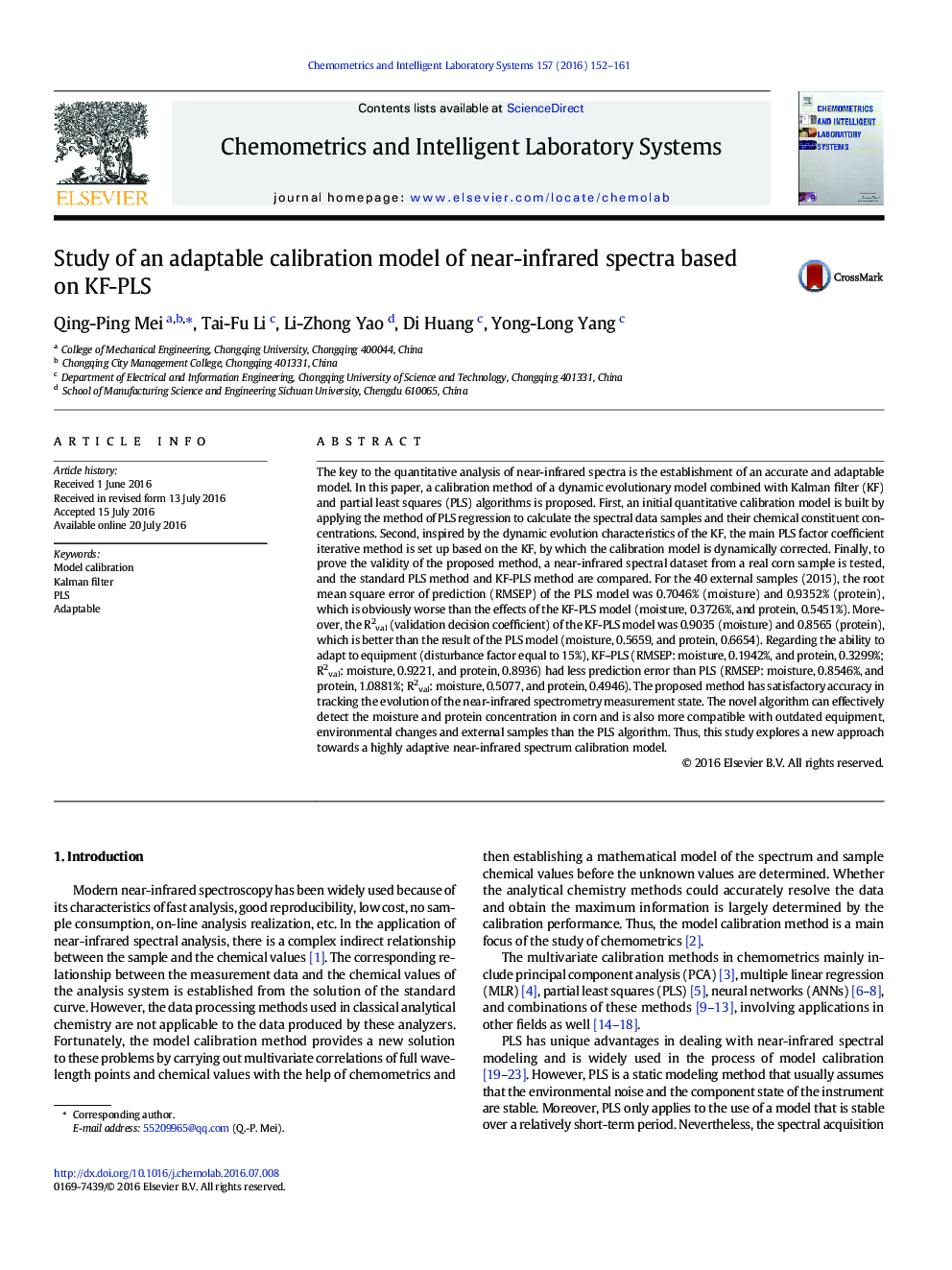 Study of an adaptable calibration model of near-infrared spectra based on KF-PLS