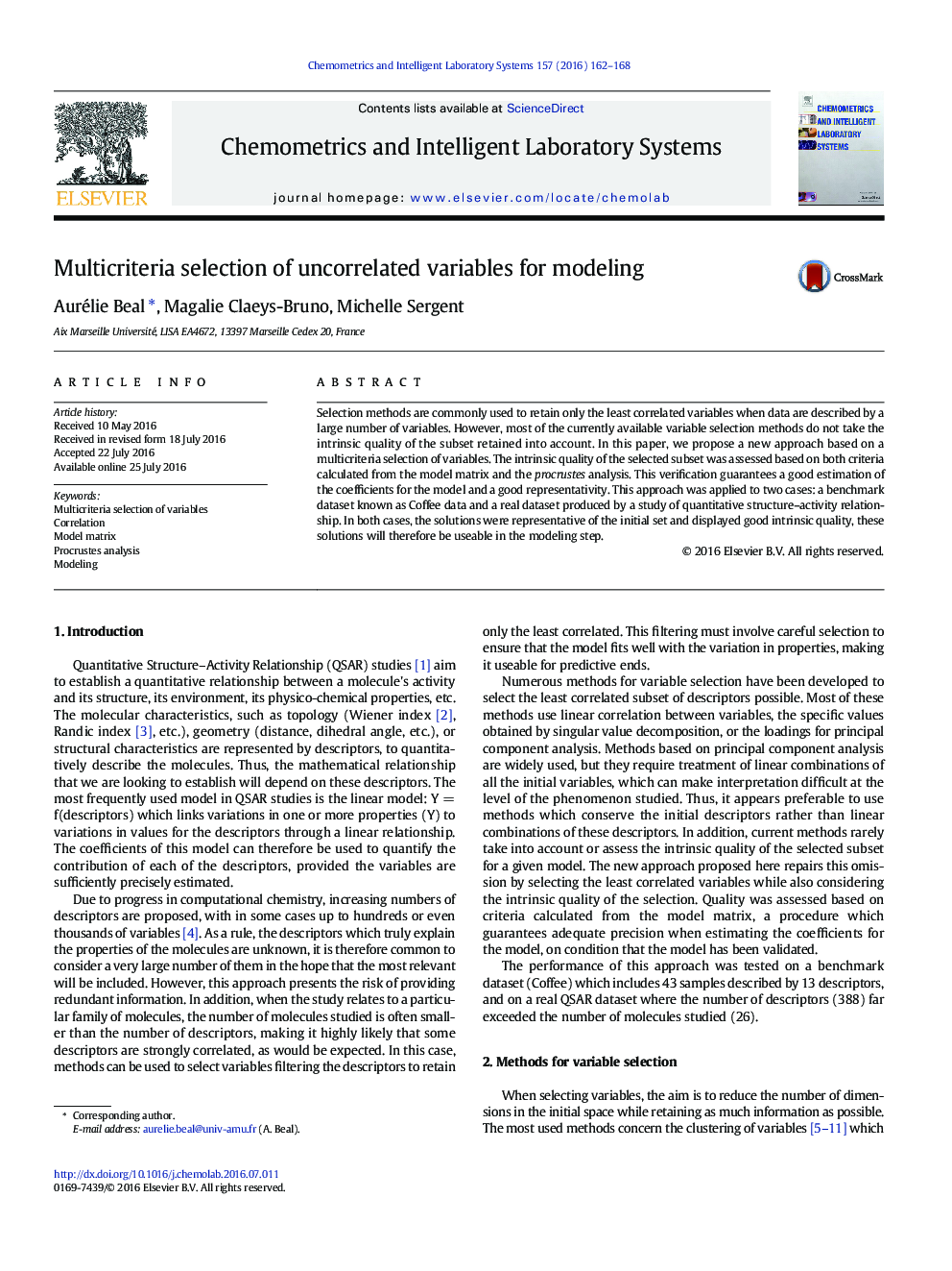 Multicriteria selection of uncorrelated variables for modeling