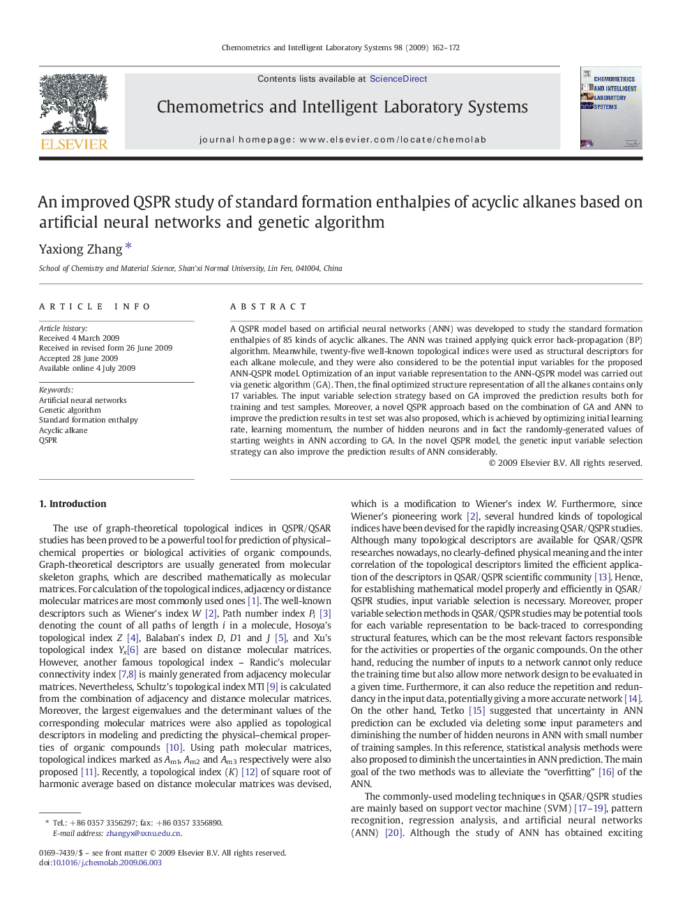 An improved QSPR study of standard formation enthalpies of acyclic alkanes based on artificial neural networks and genetic algorithm