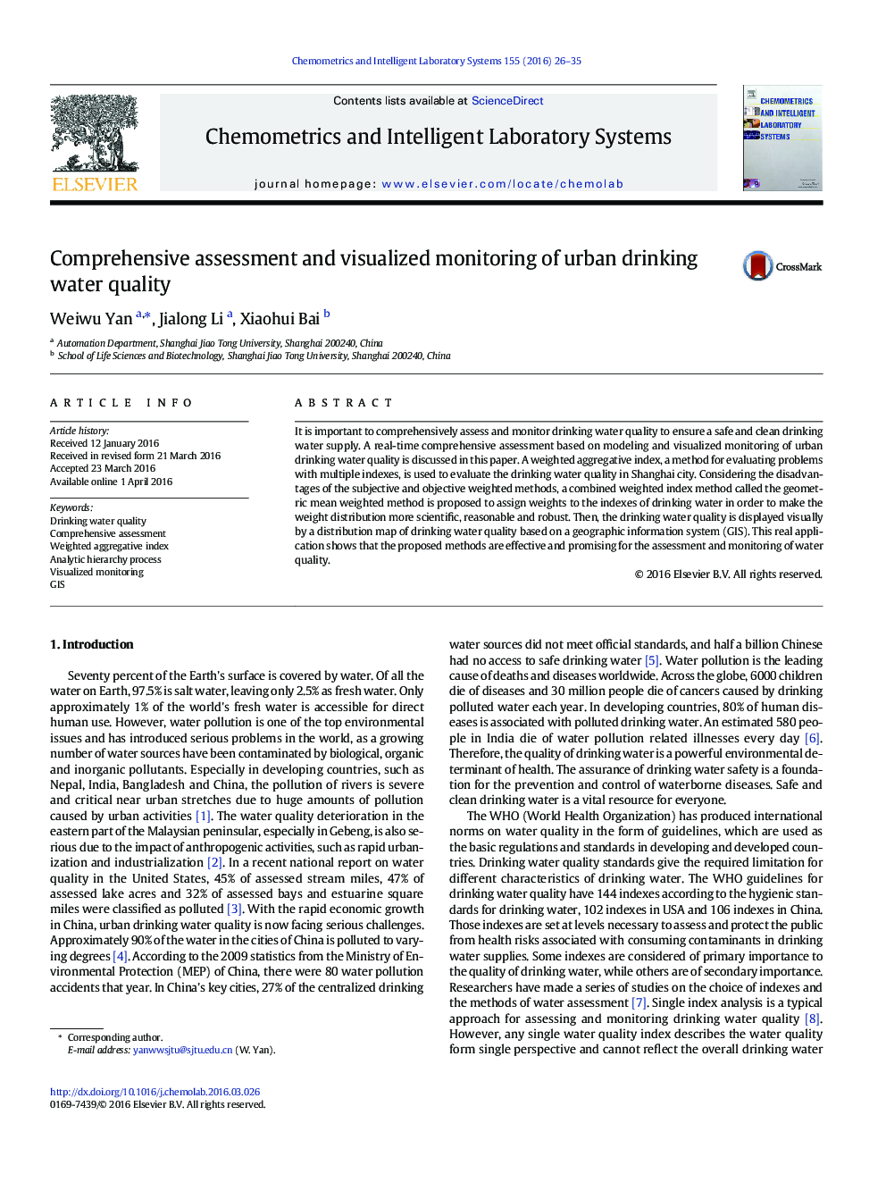 Comprehensive assessment and visualized monitoring of urban drinking water quality