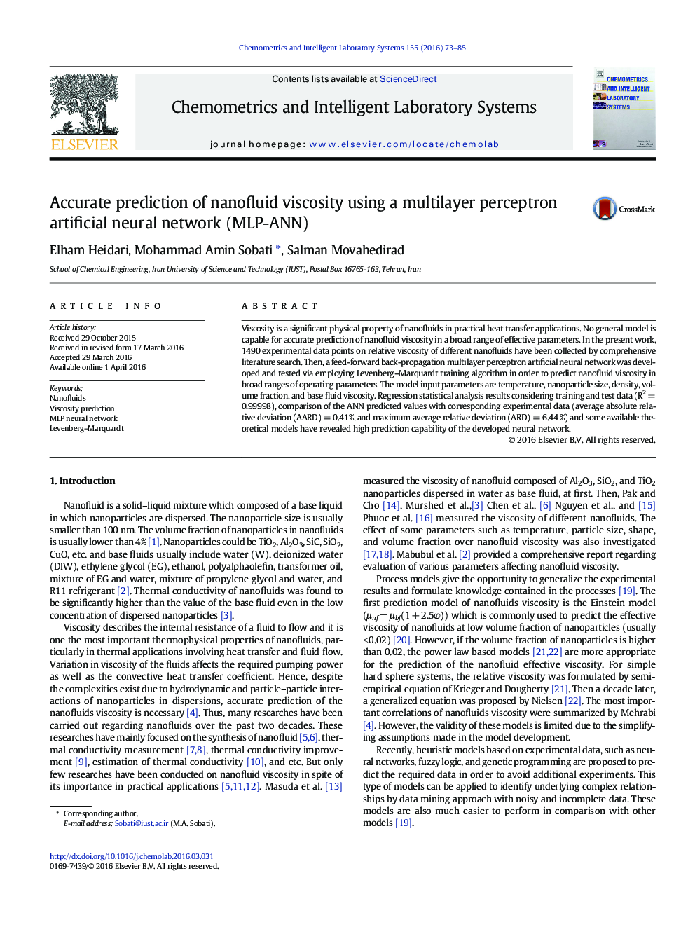 Accurate prediction of nanofluid viscosity using a multilayer perceptron artificial neural network (MLP-ANN)