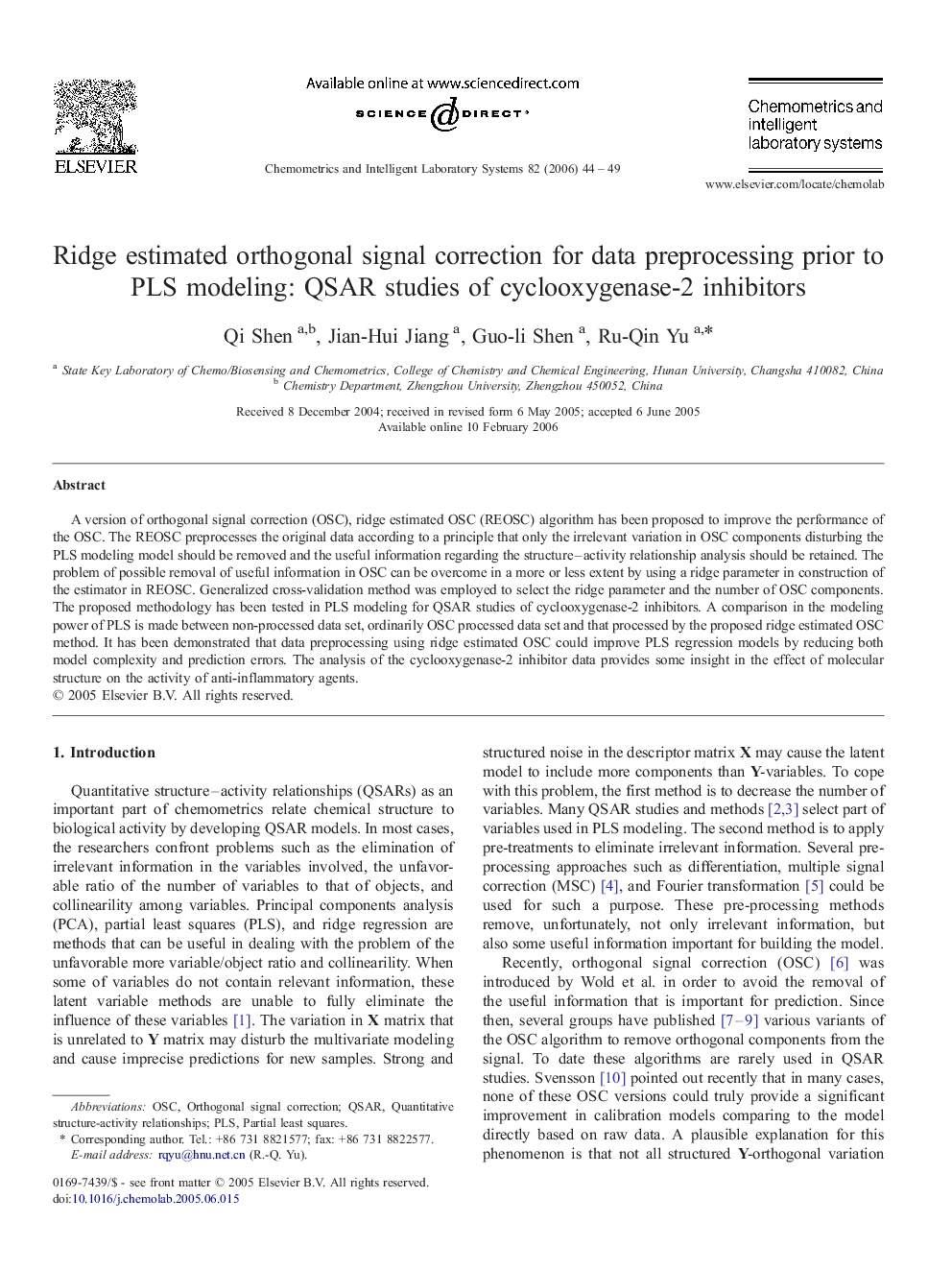 Ridge estimated orthogonal signal correction for data preprocessing prior to PLS modeling: QSAR studies of cyclooxygenase-2 inhibitors