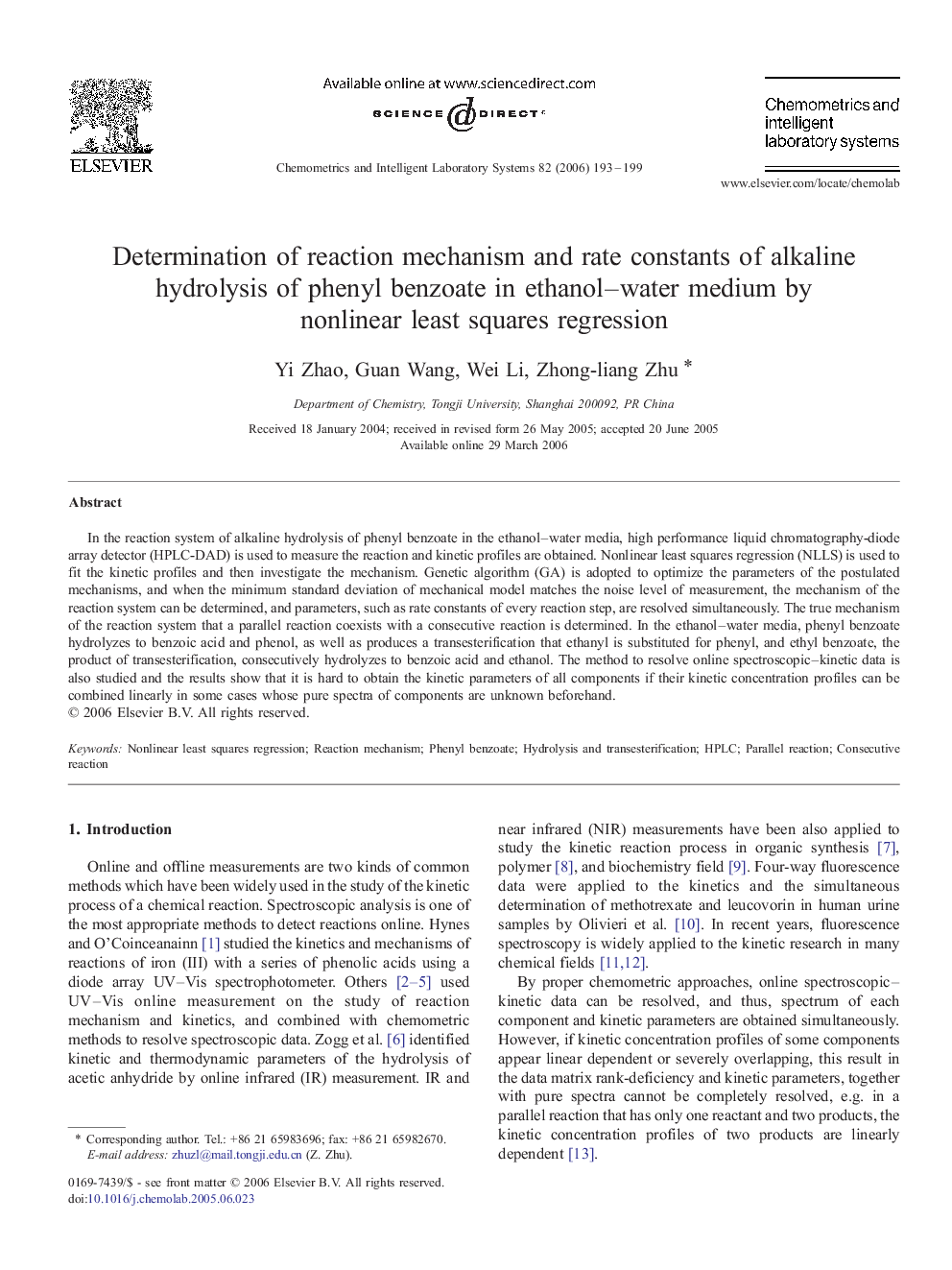 Determination of reaction mechanism and rate constants of alkaline hydrolysis of phenyl benzoate in ethanol–water medium by nonlinear least squares regression