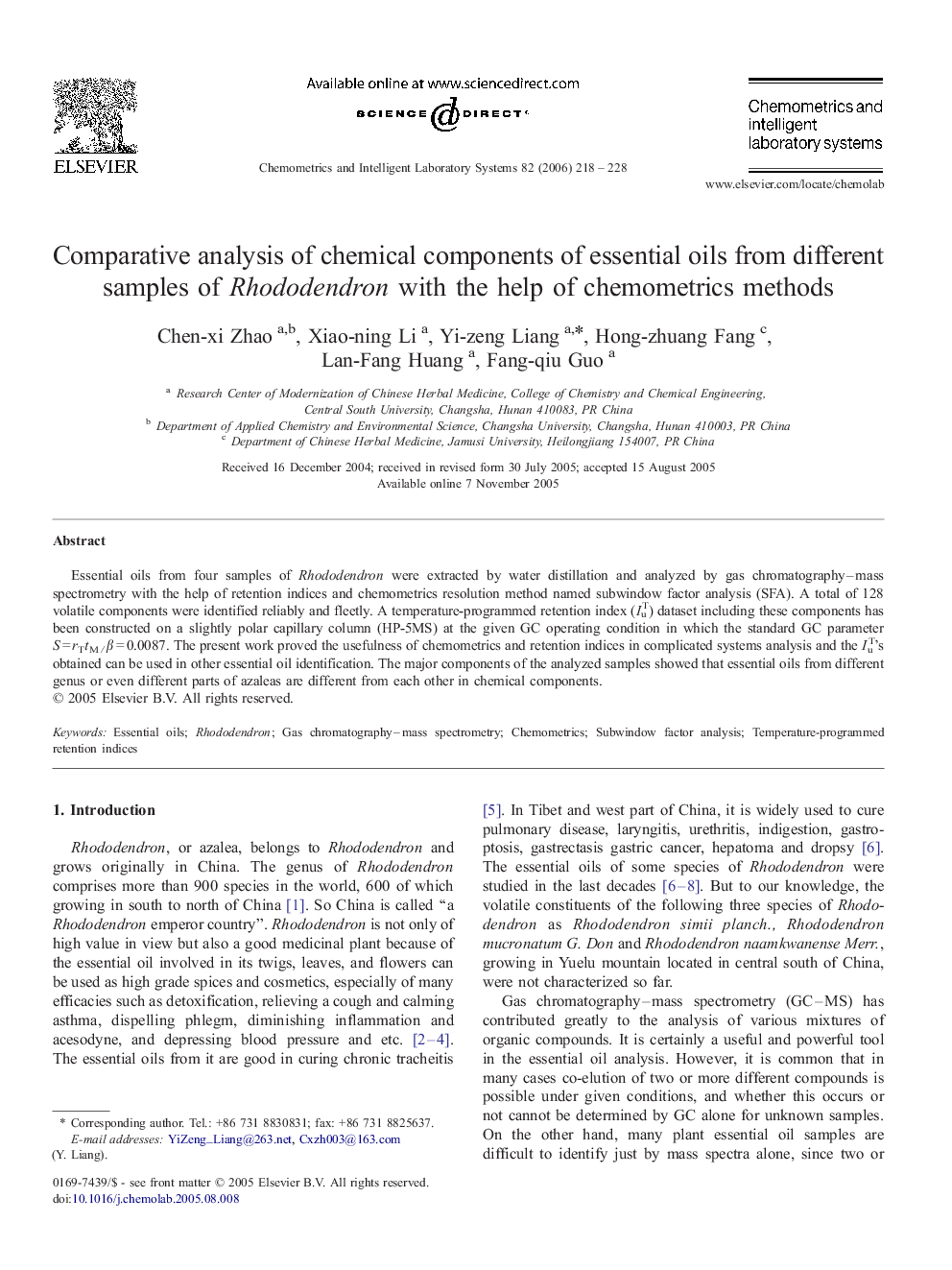 Comparative analysis of chemical components of essential oils from different samples of Rhododendron with the help of chemometrics methods