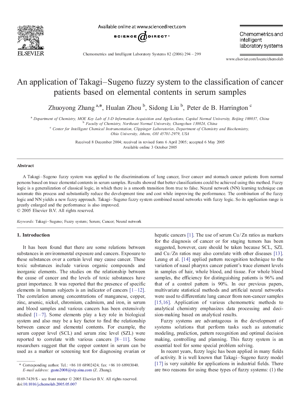An application of Takagi–Sugeno fuzzy system to the classification of cancer patients based on elemental contents in serum samples