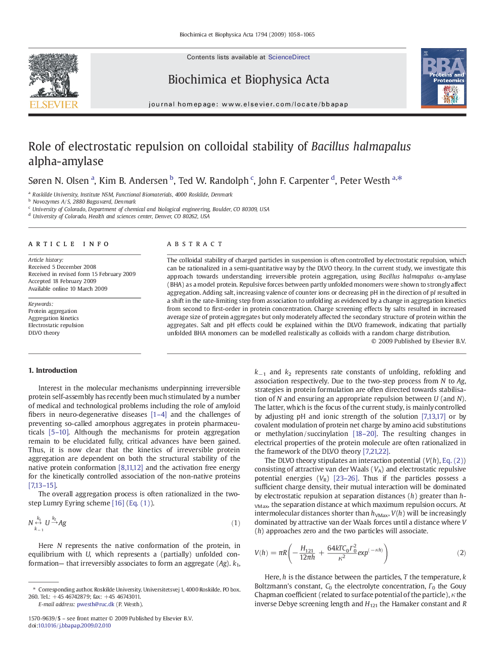 Role of electrostatic repulsion on colloidal stability of Bacillus halmapalus alpha-amylase