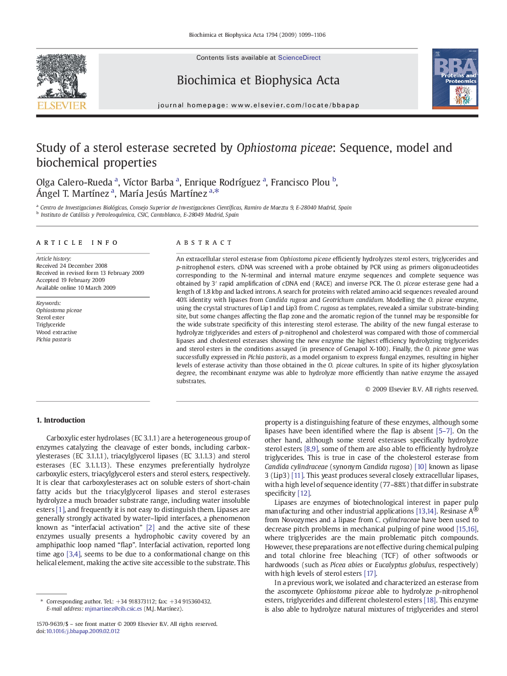 Study of a sterol esterase secreted by Ophiostoma piceae: Sequence, model and biochemical properties