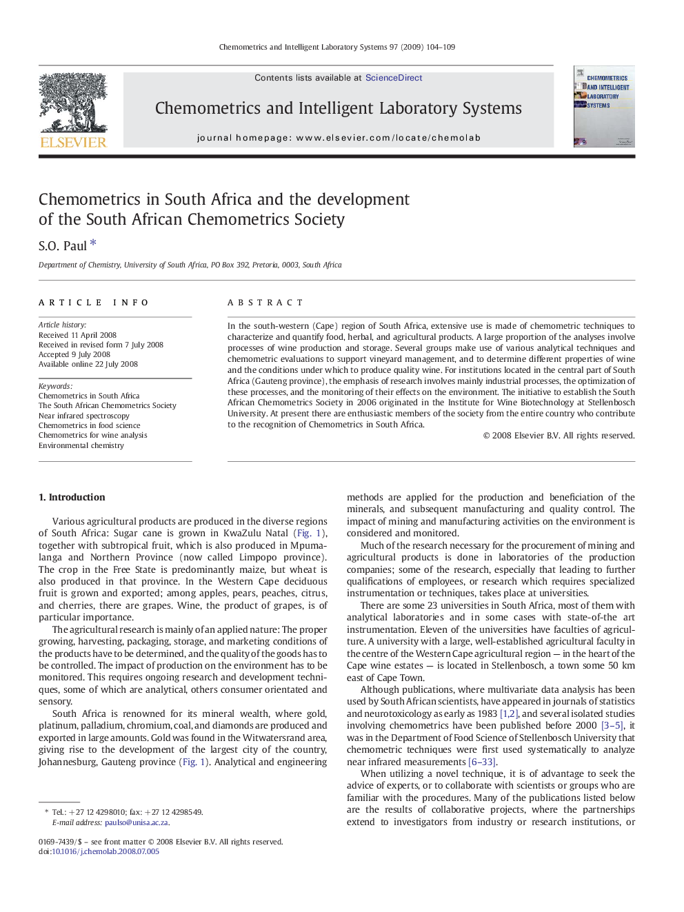 Chemometrics in South Africa and the development of the South African Chemometrics Society