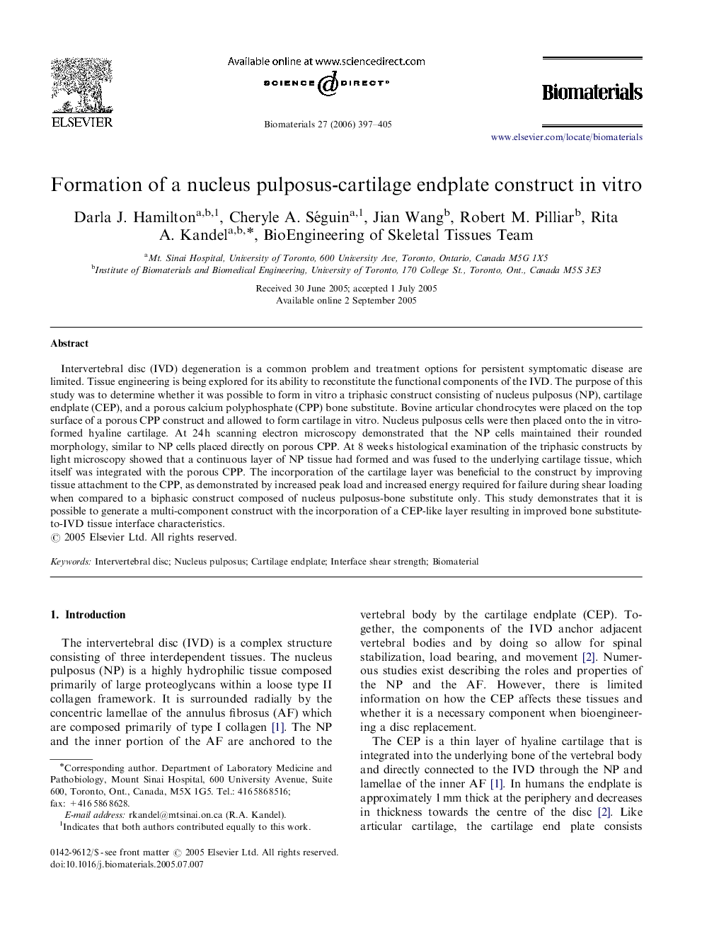 Formation of a nucleus pulposus-cartilage endplate construct in vitro